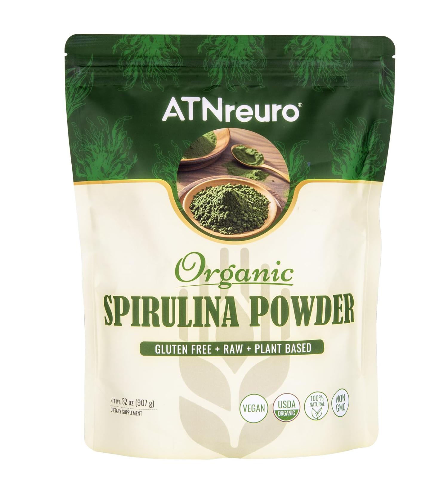 ATNreuro Organic Spirulina Powder 32oz USDA Certified 100% Pure & Natural Non-GMO Gluten-Free Detox & Energy Boost Rich in Protein Iron Antioxidants Superfood for Smoothies Ideal for Vegan - Buy Online on GoSupps.com