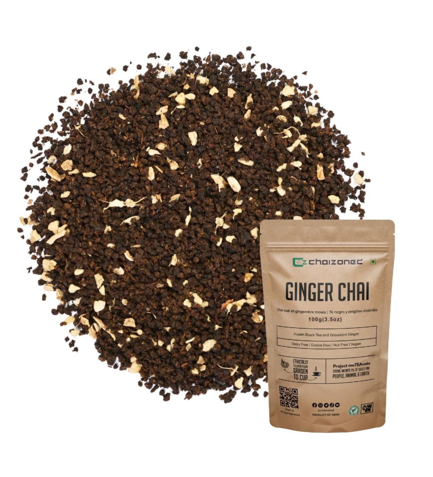 CHAIZONED Ginger Chai Tea - Made with Grounded Ginger & Assam Black Tea - Adrak Chai - Authentic Indian Ginger Tea - Ginger Chai Latte - Brews upto 50 Cups - 100g (3.5oz) - Buy Online on GoSupps.com