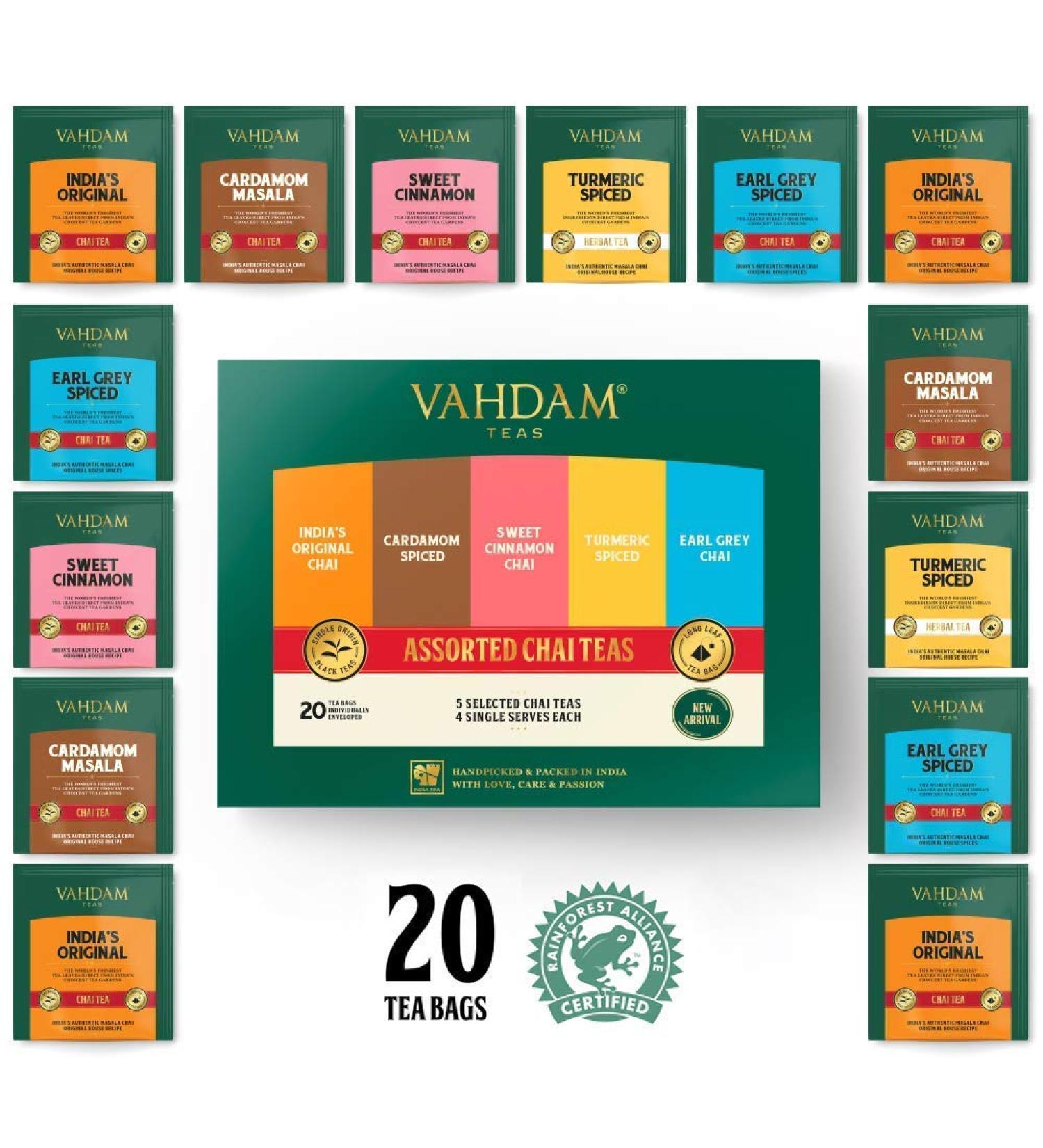 VAHDAM Chai Tea Sampler - 20 Assorted Tea Bags - Cardamom, Cinnamon, Turmeric Masala Chai - Tea Variety Pack - Tea Gift Set - Buy Online on GoSupps.com