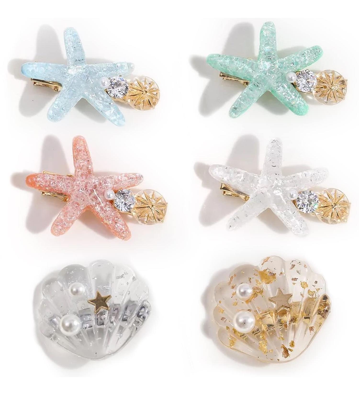 6Pcs Ocean Pearl Shell Starfish Hair Clips Set for Girls - Diamond Flash Edge Clips for Bangs - Elegant Hair Ornaments Headdress - Buy Online on GoSupps.com