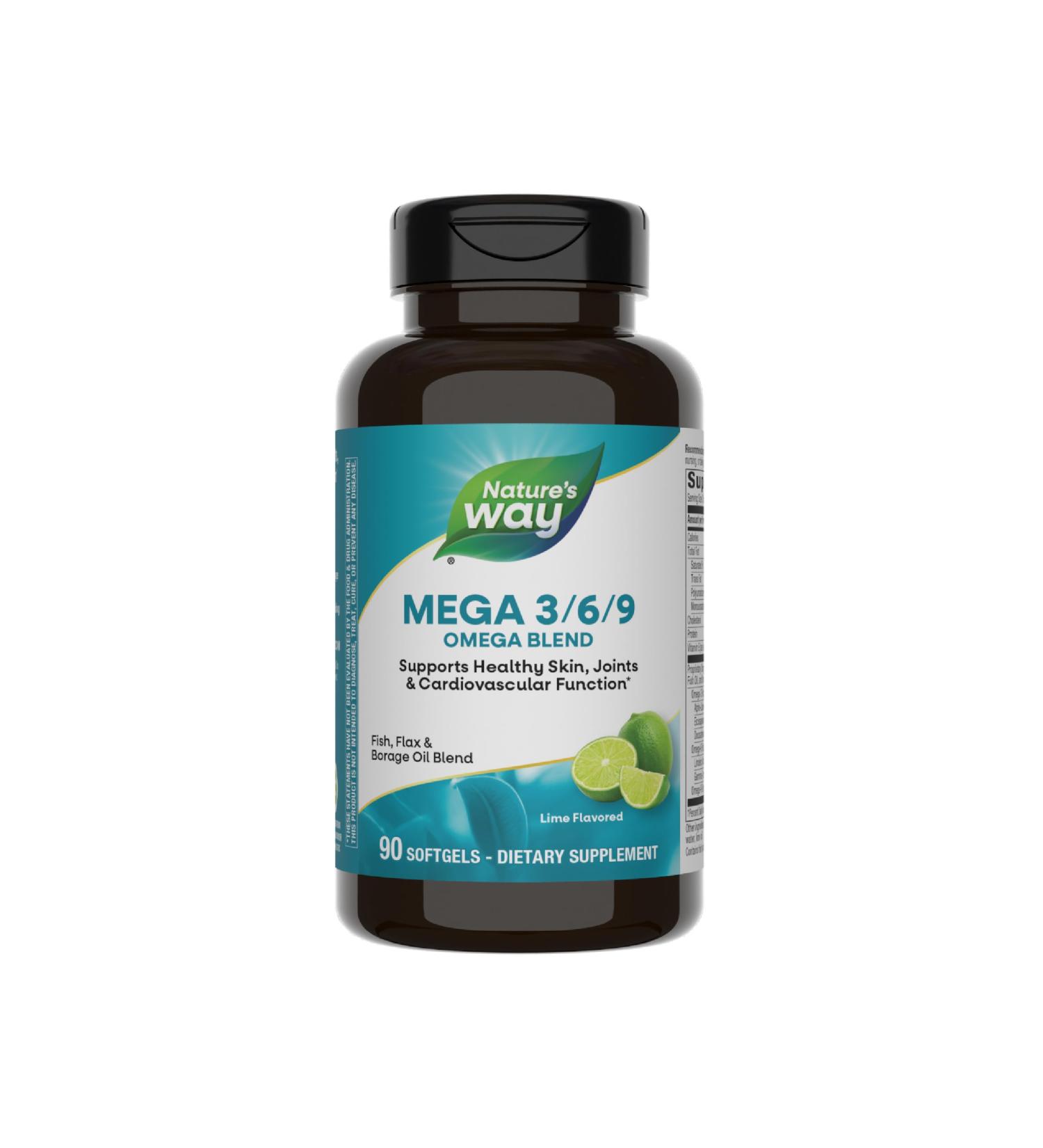Nature s Way Mega 3/6/9 Omega Blend Supports Healthy Skin Joints Cardiovascular Function* Fish Flax Borage Oil 90 Lime Flavored Softgels (Packaging May Vary) Pleasant Lime Flavor 90 Count (Pack of 1) - Buy Online on GoSupps.com