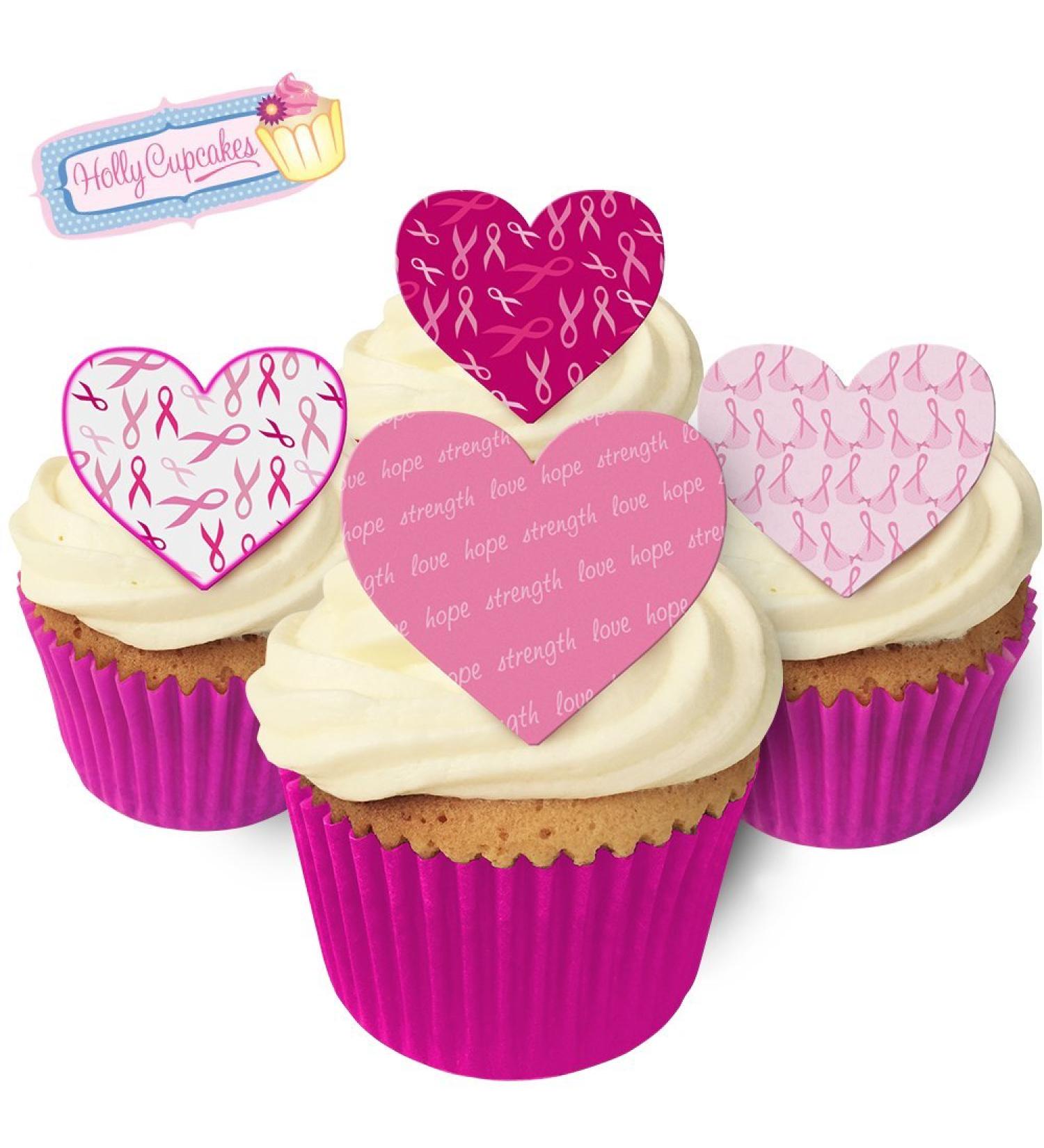 12 Edible Breast Cancer Research Heart Cake Decorations Plus 12 Smaller Pretty Heart Toppers! - Buy Online on GoSupps.com