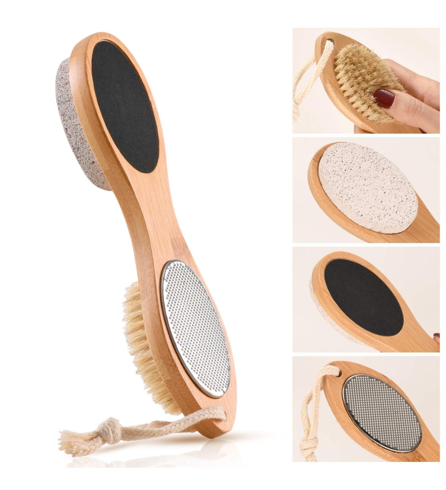 KALESUKI Foot File Callus Remover - 4-in-1 Pedicure Scrubber with Bristle Brush, Pumice Stone, Rasp, Sandpaper - Bamboo Handle for Exfoliation and Foot Care - Buy Online on GoSupps.com