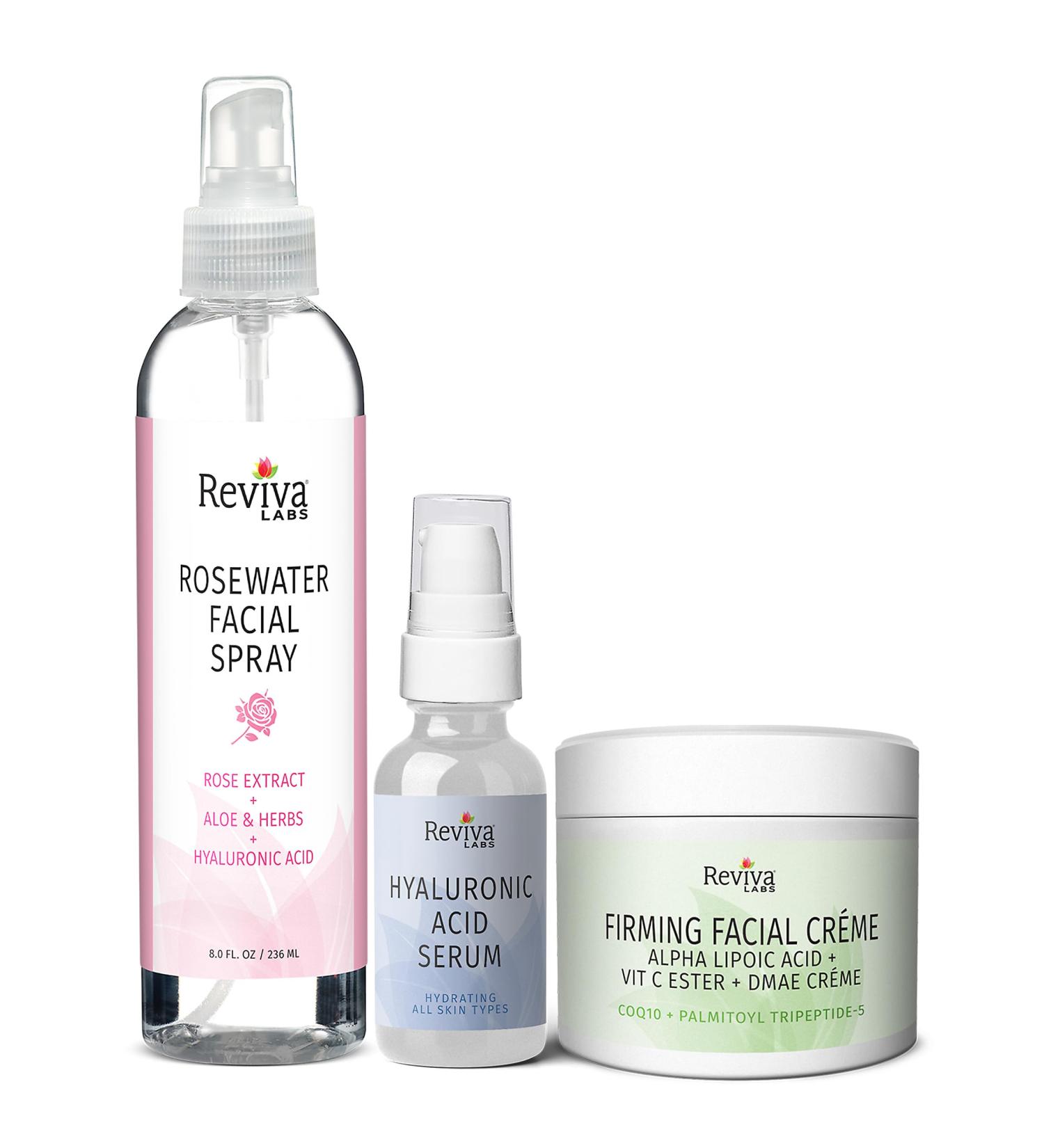 Reviva Labs Holiday Glow Skincare Gift Set 3-Pc Face Care Kit with Hyaluronic Acid Serum DMAE Lift & Firm Cream and Rosewater Face Mist Hydrating Moisturizing & Firming Skincare Set for Women - Buy Online on GoSupps.com