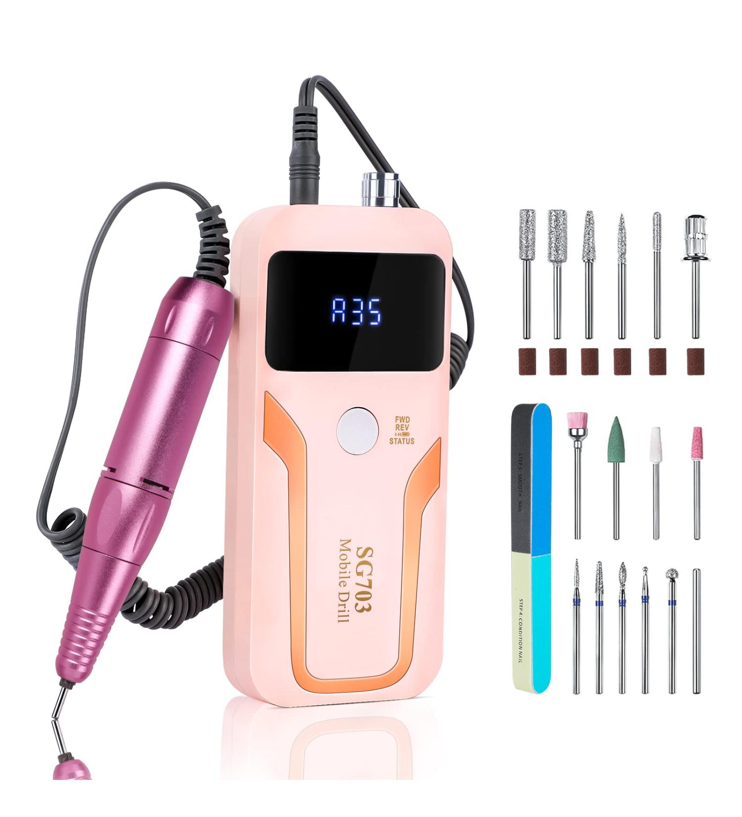 Rechargeable Electric Nail Drill Kit - 35000 RPM E-File for Gel & Acrylic Nails | Manicure Pedicure Tool with 16 Bits - Home & Salon Use (Pink) - Buy Online on GoSupps.com