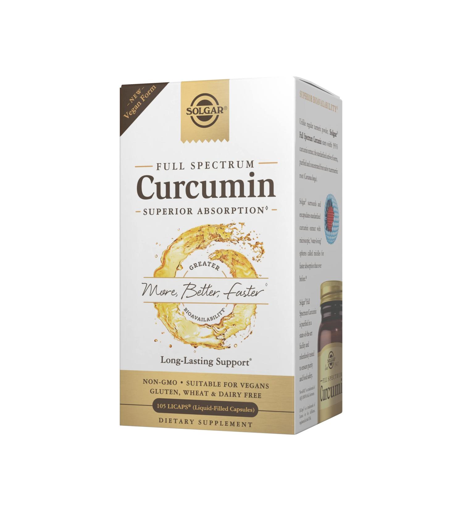 Solgar Full Spectrum Curcumin 105 LiCaps - Superior Absorption for Brain, Joint & Immune Health - Vegan, Gluten Free, Non-GMO, Dairy Free - Buy Online on GoSupps.com