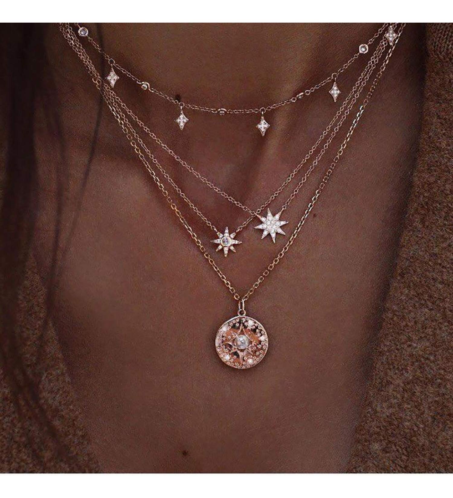 DoubleNine Multilayer Necklace - Sun Star Golden Crescent Pendant & Crystal Jewelry for Women Brides & Girls - Buy Online on GoSupps.com