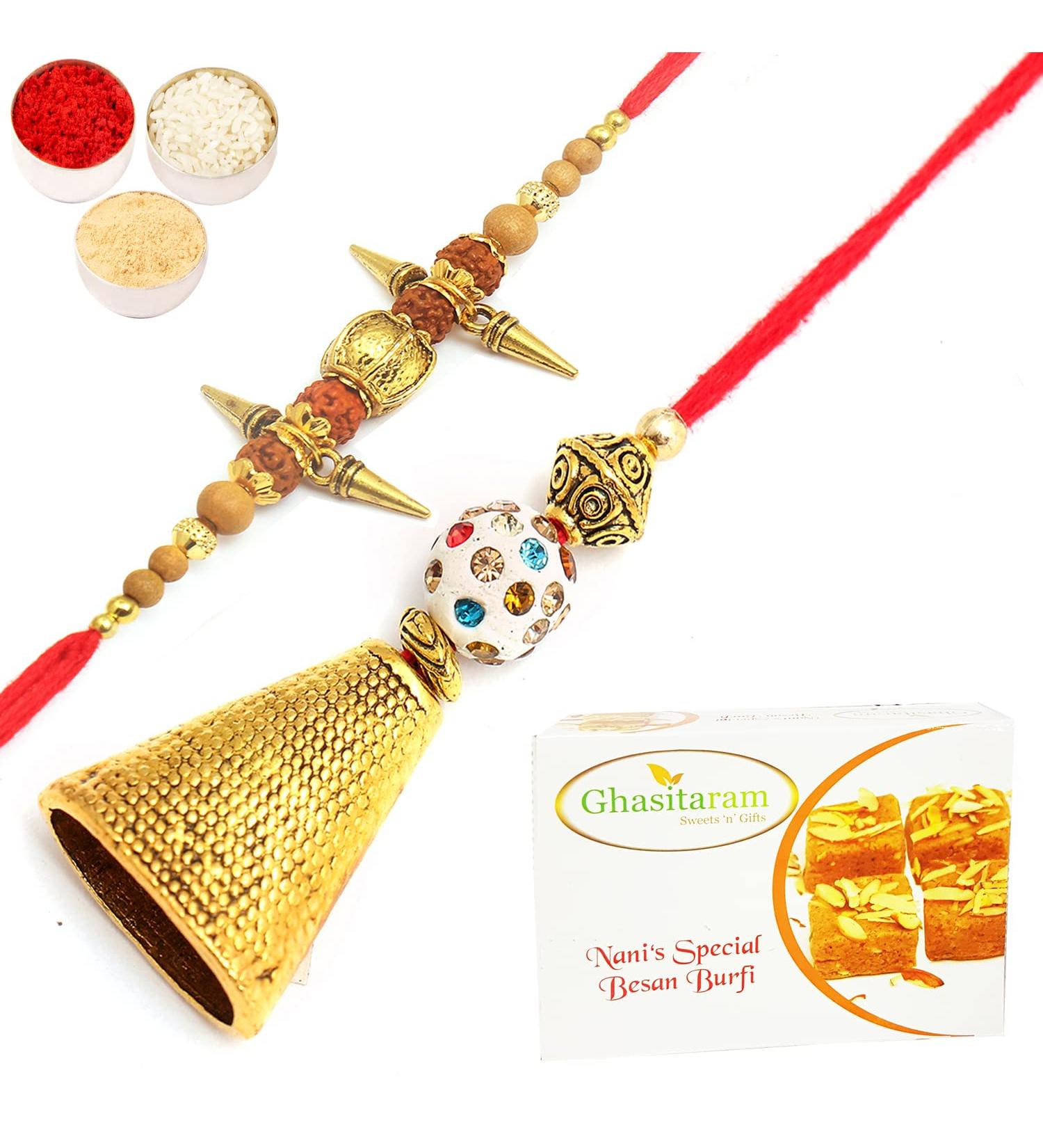 Ghasitaram Gifts Rakhis Online - Rakhi for Brother- Bells of Faith jbl5701 Bhaiya Bhabhi Rakhi with 200 GMS of Besan Barfi Rakhi Set with 200 gms of Besan Barfi - Buy Online on GoSupps.com