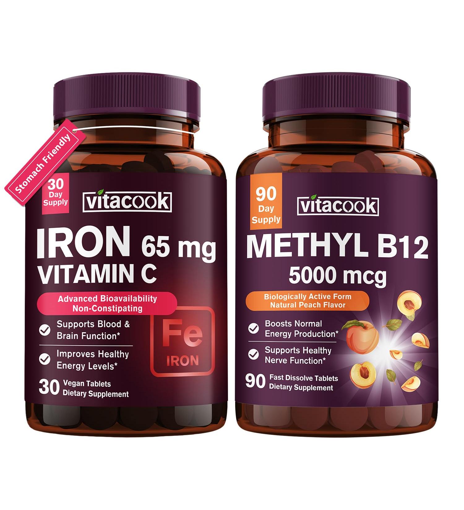 Iron and Vitamin B12 Bundle 5000 mcg B12 Zero Sugar Carbonyl Iron with Vitamin C Gentle on The Stomach - Buy Online on GoSupps.com