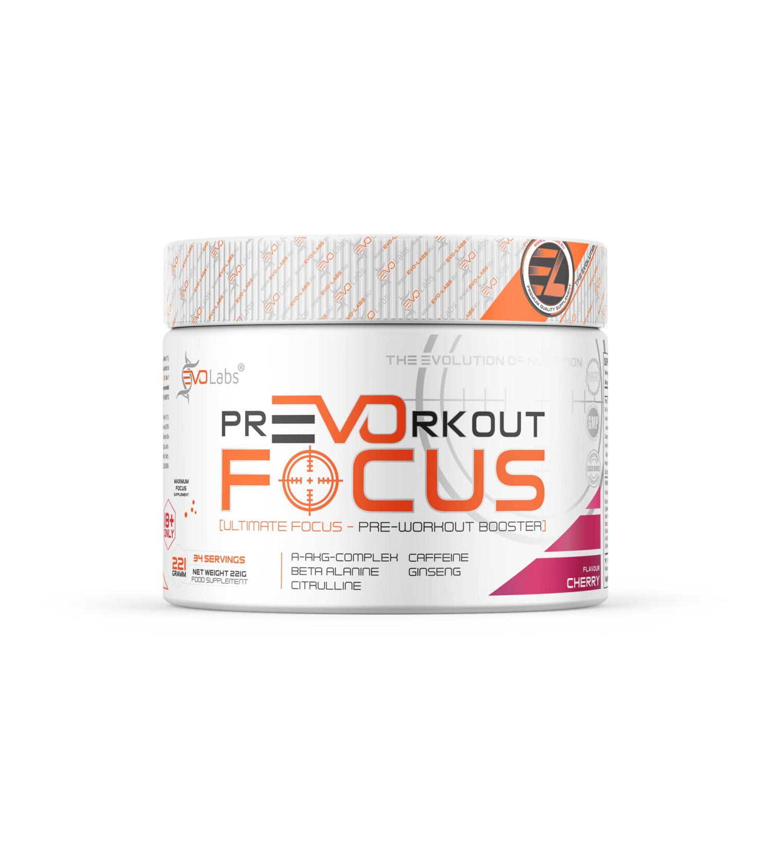Evolabs Pre-Workout Focus Powder 221G - Cherry Pump & Gaming Booster with N-Acetyl-L-Cysteine Beta-Alanine Guarana & Siberian Ginseng - Boost Your Training Performance - Buy Online on GoSupps.com