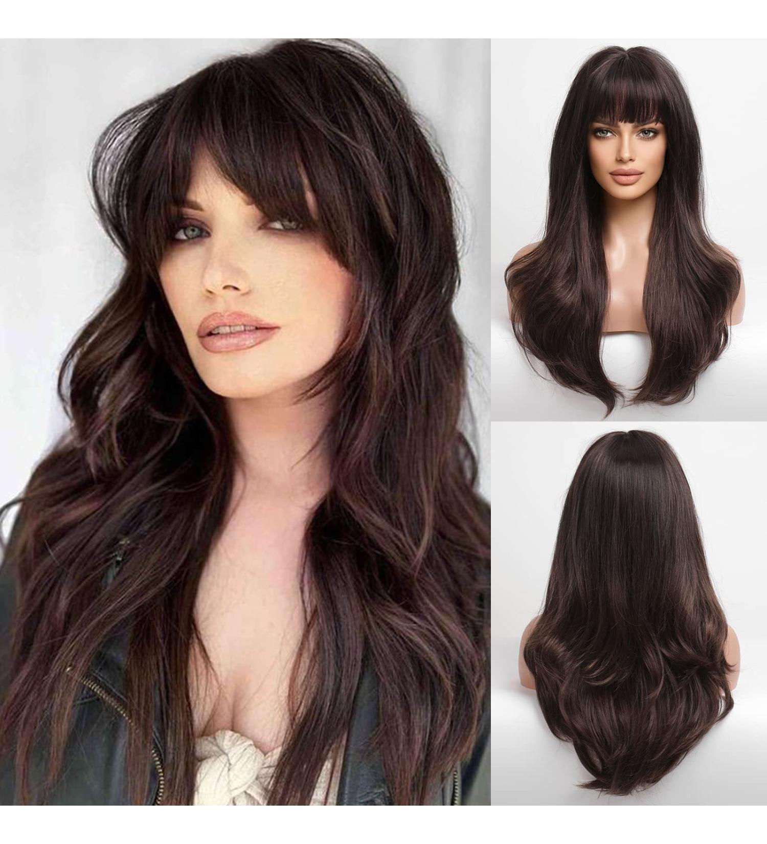 HAIRCUBE Brown Highlighted Layered Wig with Bangs - Natural Synthetic Fringe for Women - Buy Online on GoSupps.com