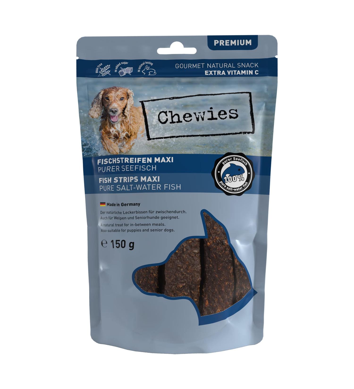 Chewies 100% Sea Fish Maxi Dog Treats - Air-Dried Grain-Free Fish Stripes (150g) - Natural Lizard Flavor - Ideal for Dogs - Buy Online on GoSupps.com