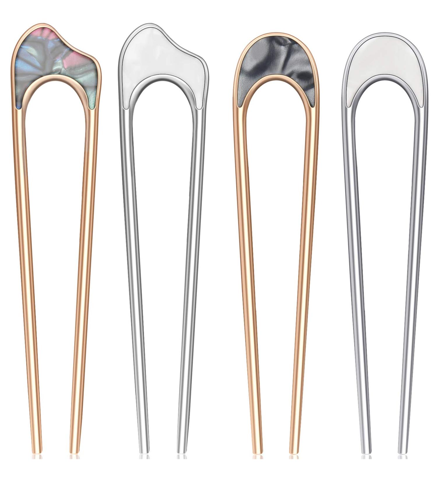 4-Piece U-Shaped Hair Pin Stick Set - Vintage Metal Hair Fork Chignon Pins - Gold & Silver Hair Styling Accessory for Women/Girls - Buy Online on GoSupps.com