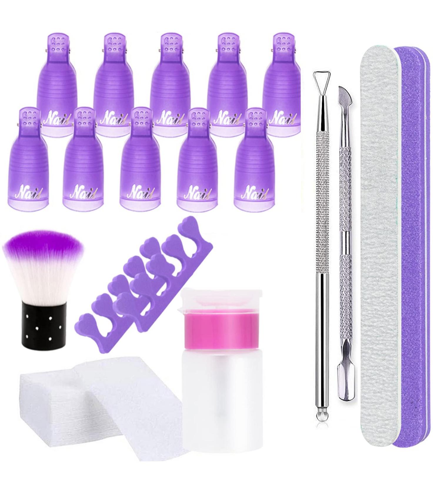  Olisang Nail polish remover kit 10 finger clips + 2 nail files + 1 scraper + 1 cuticle pusher + 100 remover pads + 1 nail brush + 1 finger separator + 1 dispensing bottle - Buy Online on GoSupps.com