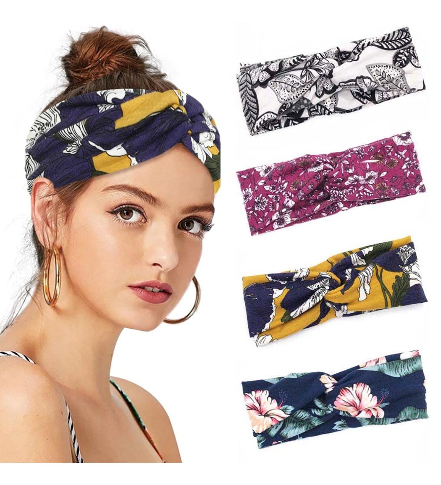 Iyou Boho Hair Band for Women - Flower Headscarf Knotted Headband - Stretchy Cotton Wide Hair Bands (4 Pack) - International Shipping Available - Buy Online on GoSupps.com