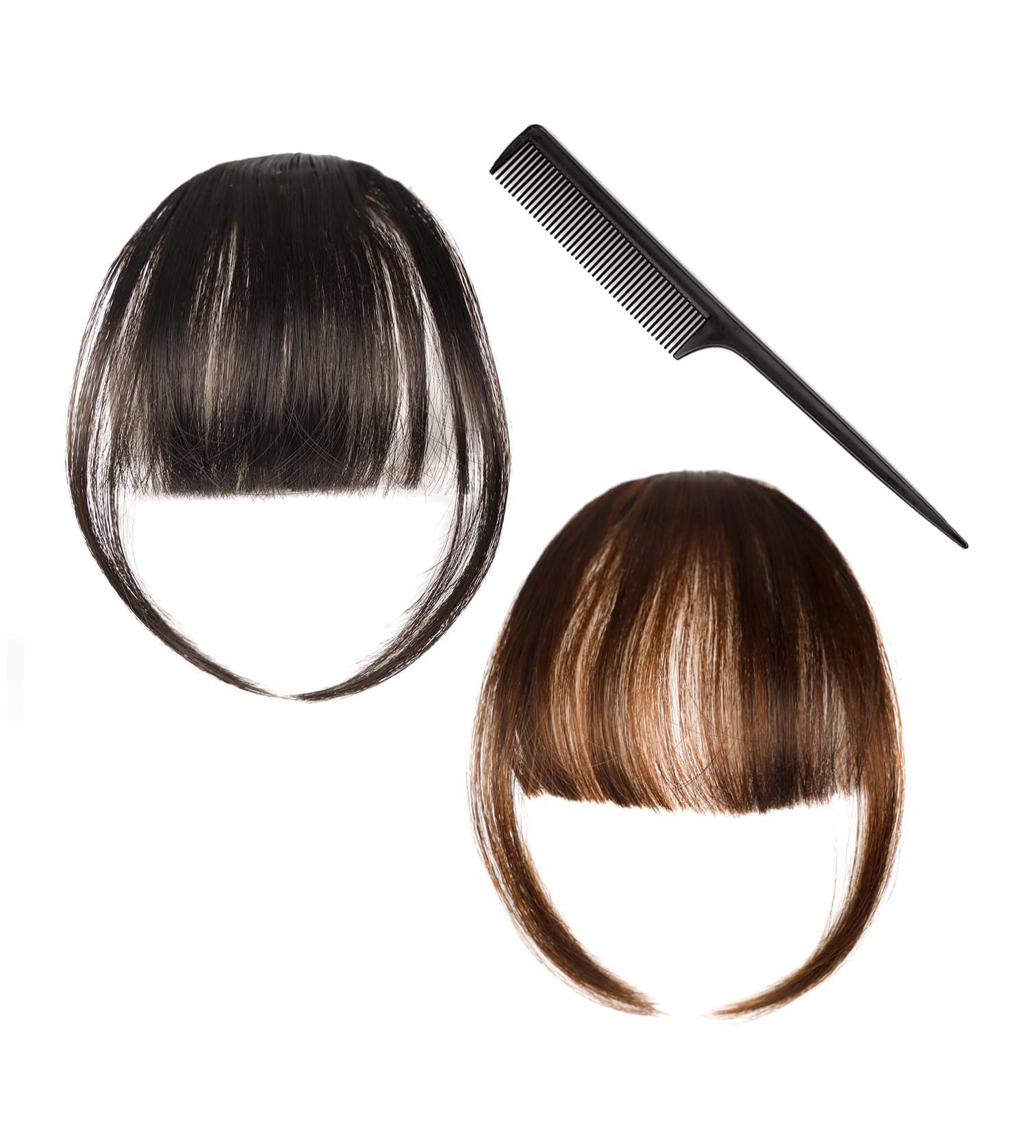 2 pieces of bangs wig clip natural fake bangs fake bangs real hair hair bangs female hair accessories brown-black + light brown with 1 comb - Buy Online on GoSupps.com