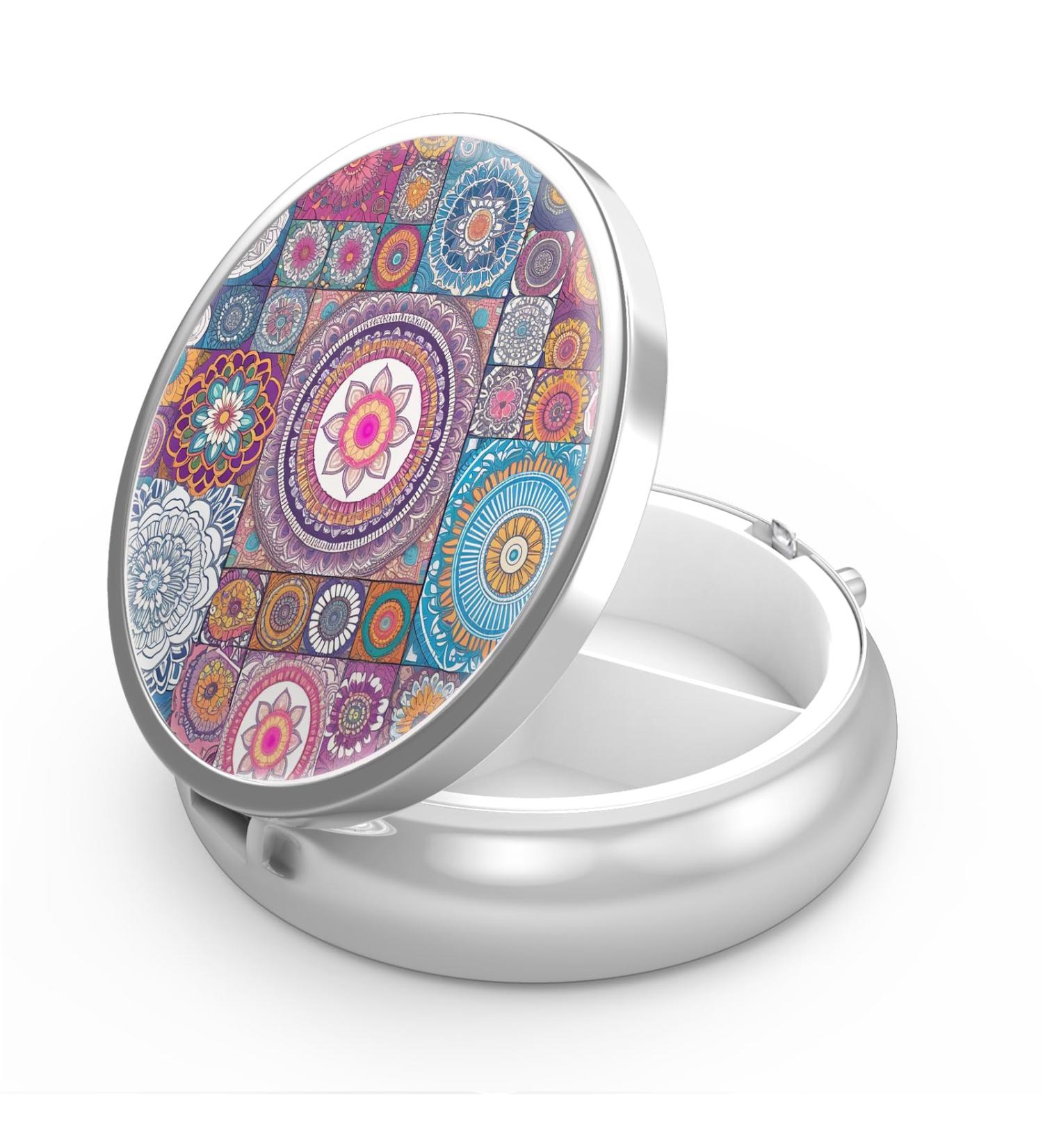 Portable 3-Compartment Pill Box | Decorative Metal Medicine Organizer with Mandala Design | Perfect Gift for Vitamins & Medications - Buy Online on GoSupps.com