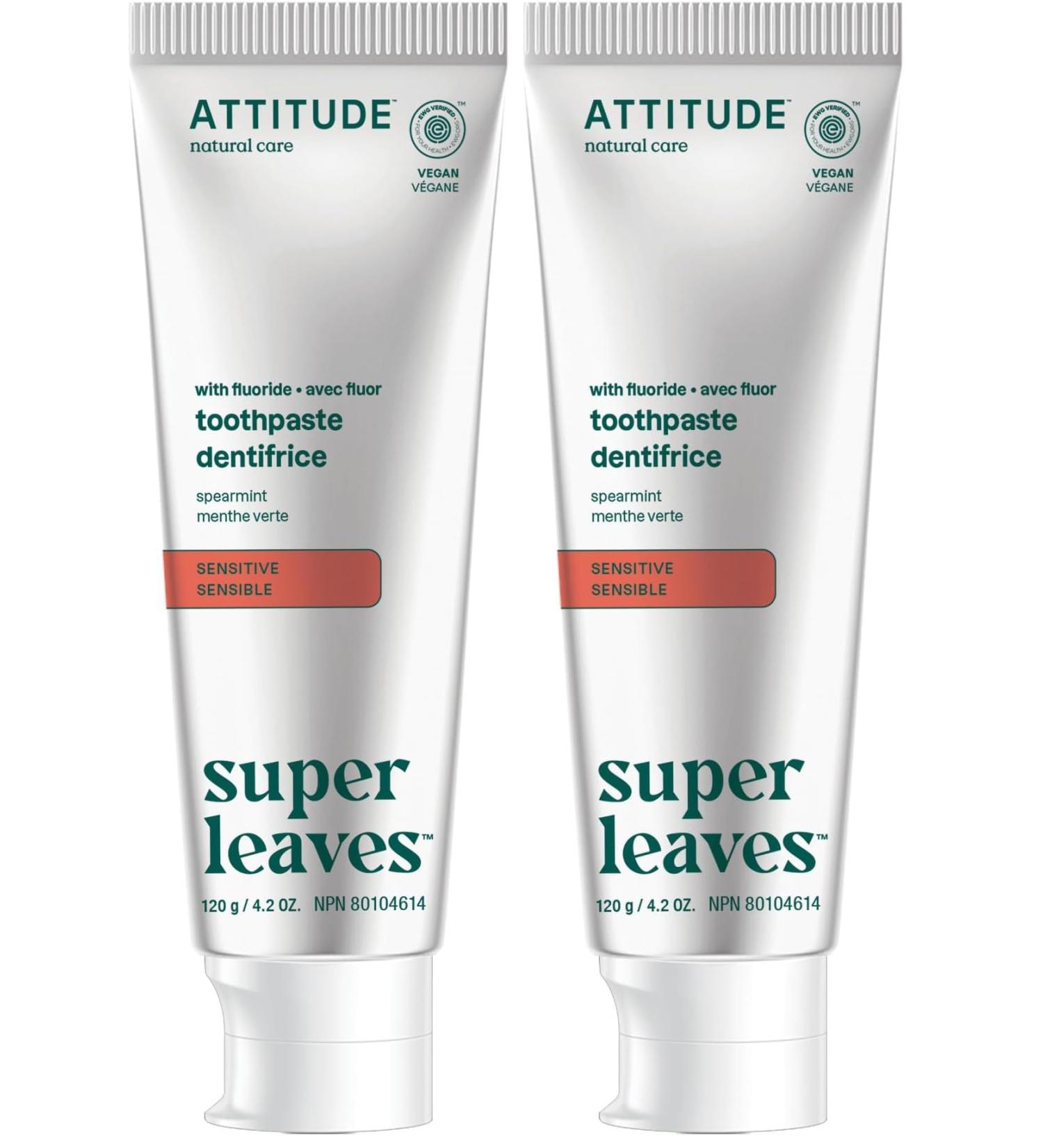 ATTITUDE Toothpaste with Fluoride, Prevents Tooth Decay and Cavities, Vegan, Cruelty-Free and Sugar-Free, Sensitive, Spearmint, 4.2 Oz (Pack of 2) Sensitive 4.2 Ounce (Pack of 2) - Buy Online on GoSupps.com