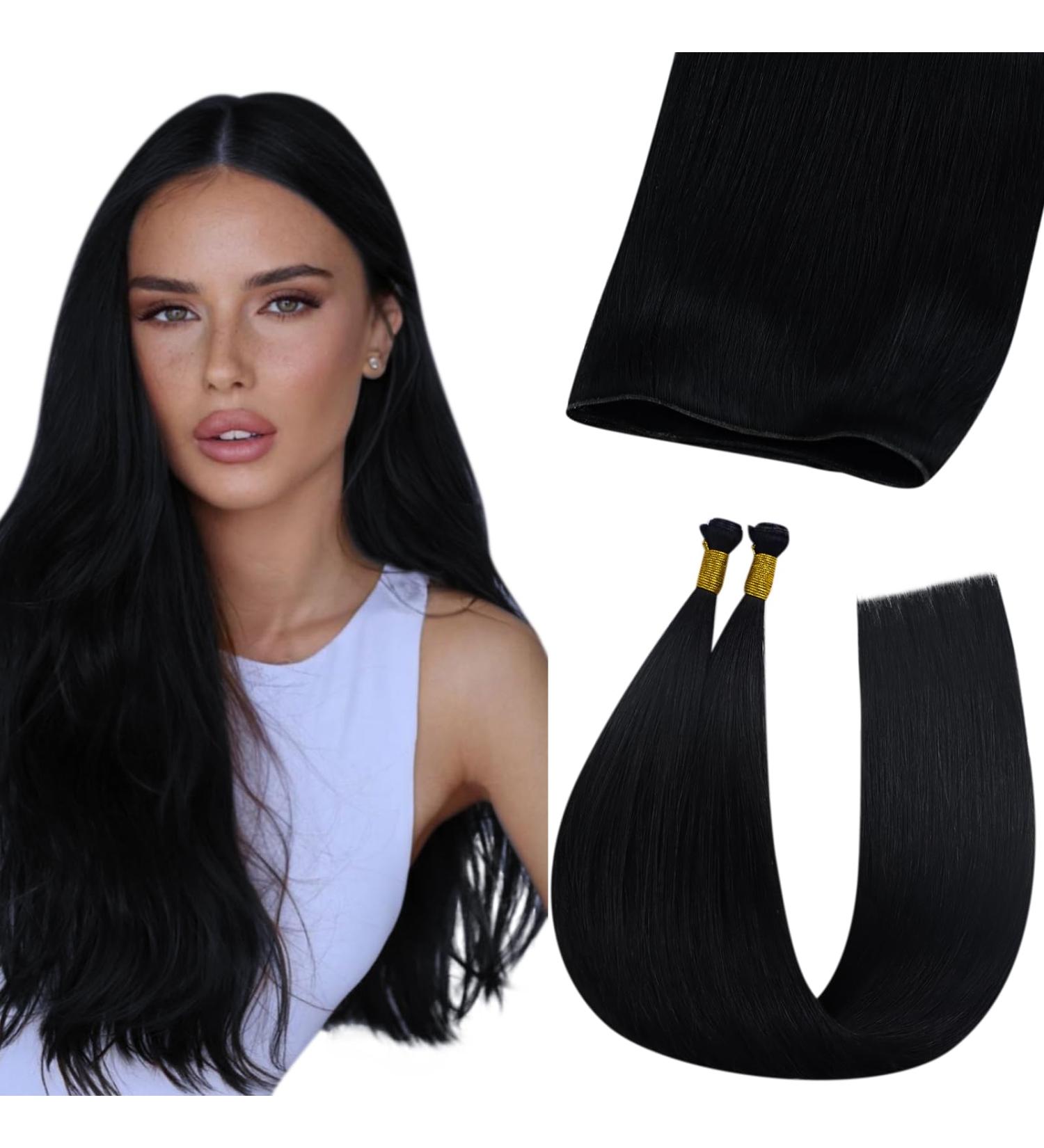 Buy Youngsee Genius Weft Real Hair Extensions - 55cm Virgin Black Tressen | Remy Hair for Smooth Weaving - Buy Online on GoSupps.com