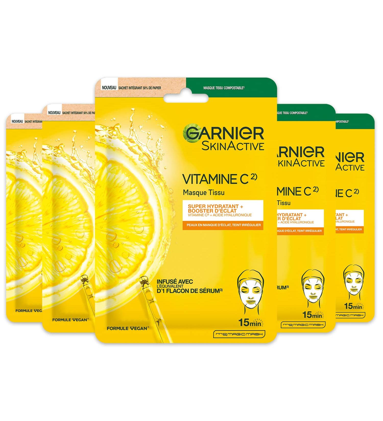 Garnier Garnier - Set of 5 Moisturizing Tissue Masks - Radiance Booster - Enriched with Vitamin C and Hyaluronic Acid - Vegan Formula - For Dull and Tired Skin - 5 x 28g