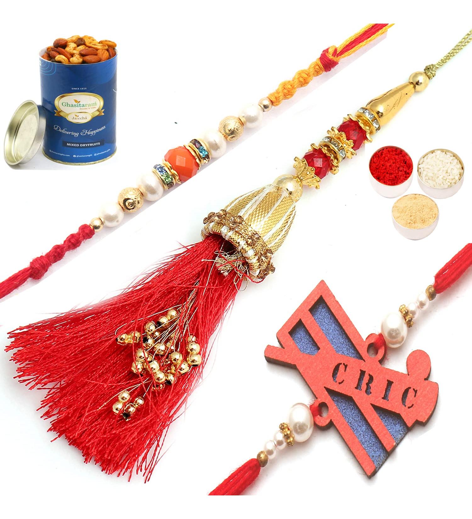Ghasitaram Gifts Rakhi for Brother Rakhis Online - Set of 3 Ibiza Bhaiya Bhabhi Rakhi and Cricketer Kids Rakhi with 100 GMS of Dryfruits Mix Can - Buy Online on GoSupps.com