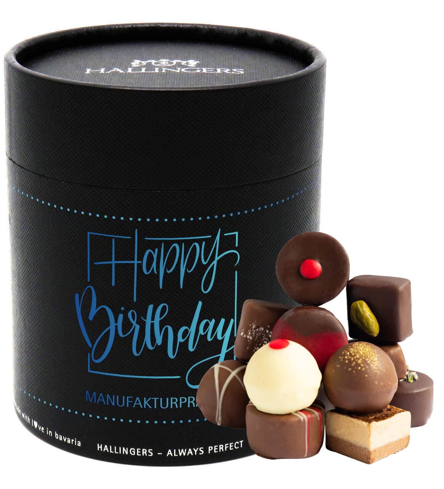 Hallingers Happy Birthday XXL - Handmade Pralines Gift Can | Alcohol-Free Noble Chocolate | Perfect for Mother's & Father's Day | 500g Celebratory Treats - Buy Online on GoSupps.com