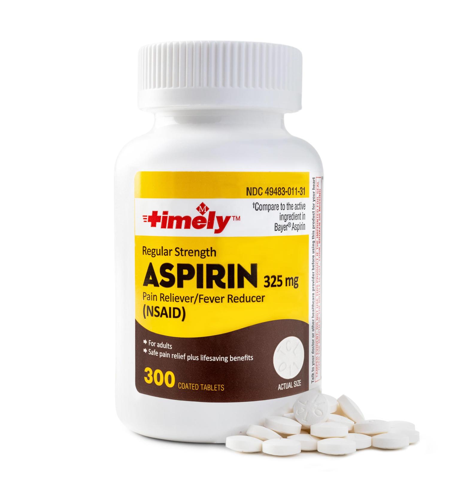 Timely 300 Count Aspirin 325mg - Regular Strength Pain Reliever - Compare to Bayer - Coated Tablets Made in USA - Fast International Shipping - Buy Online on GoSupps.com