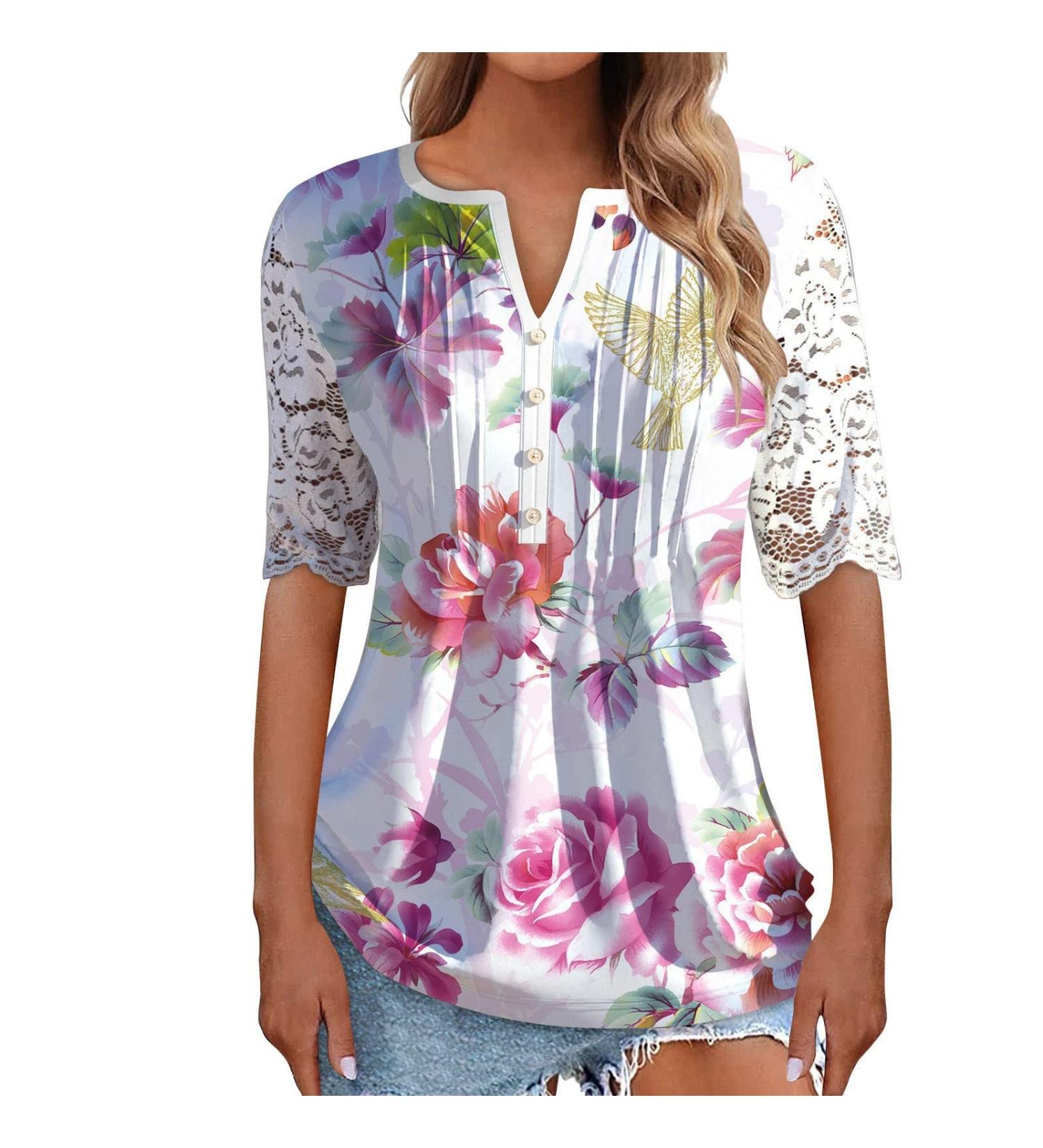 Women's Comfortable Lace Middle Long Sleeve Button Up V-Neck Hide Belly Tops Loose Bohemian Tunic Sexy Shirt Women's T-Shirt With Print Sports Shirt Women's Wide XXL Hot Pink - Buy Online on GoSupps.com