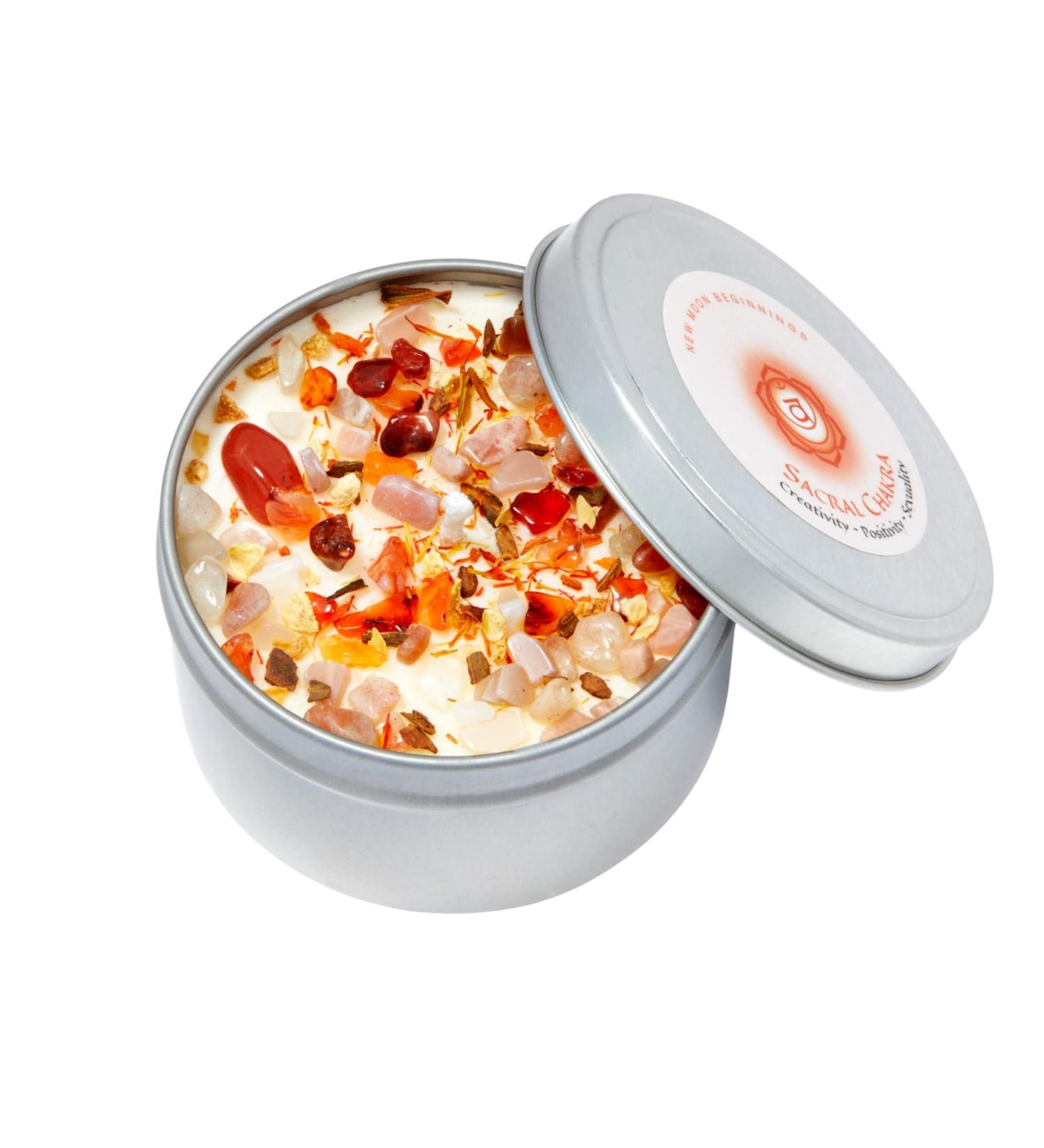 Sacral Chakra Candle - New Moon Beginnings | Aromatherapy Soy Candle with Dried Flowers Herbs & Crystals - 8oz Tin for Chakra Healing - Buy Online on GoSupps.com