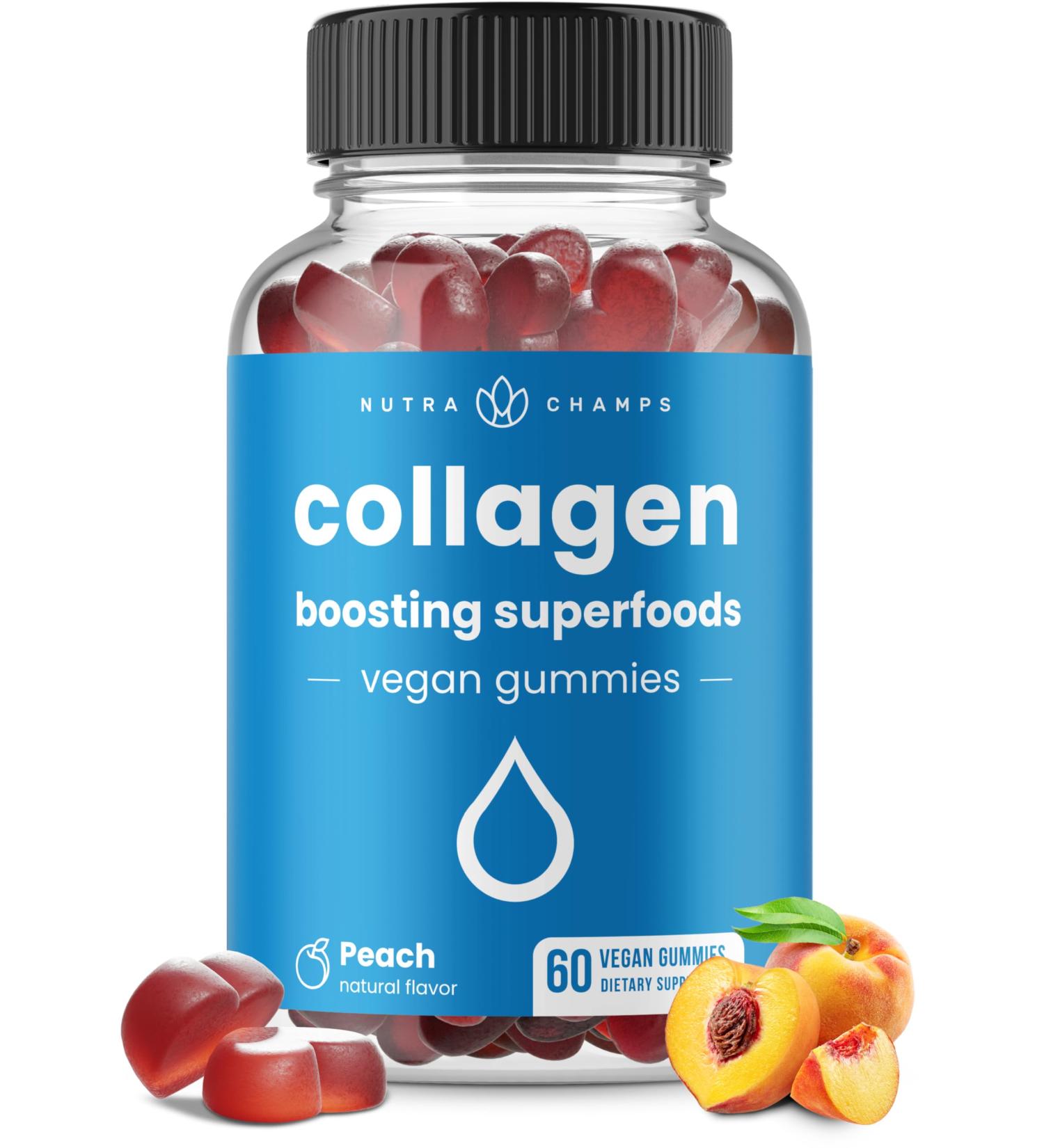 NutraChamps Collagen Boosting Gummies, Collagen Booster Gummy for Natural Collagen Production, Vegan Pectin Supplements Chews for Women & Men, 60 Peach Vitamins Gummies 60 Count (Pack of 1) - Buy Online on GoSupps.com