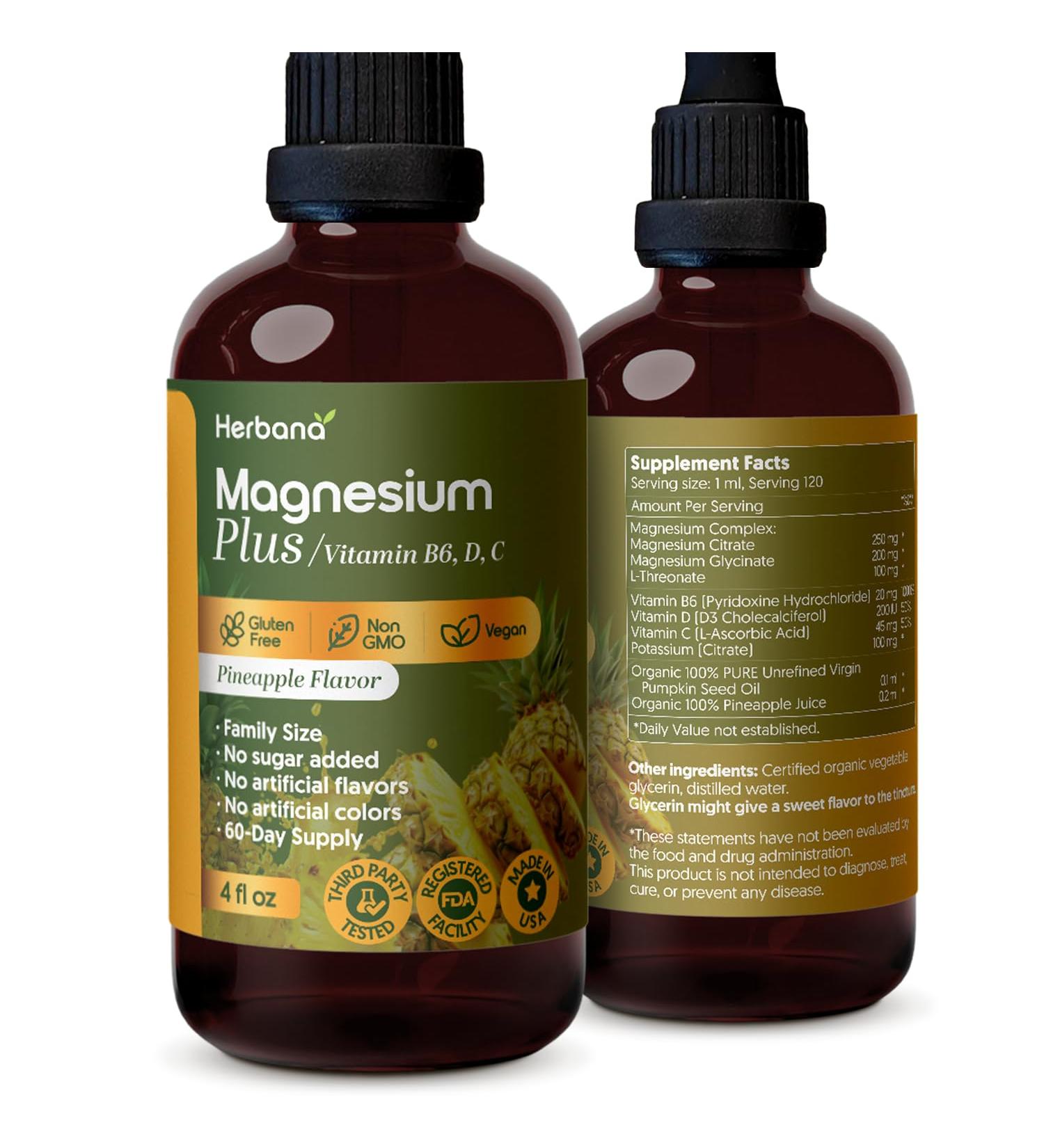 Magnesium Plus Pineapple Flavor - Magnesium Citrate Glycinate/L-threonate & Vitamin B6 D C/Liquid Drops Supplement 4 fl oz - Advanced Complex - 60-Day Supply - Buy Online on GoSupps.com