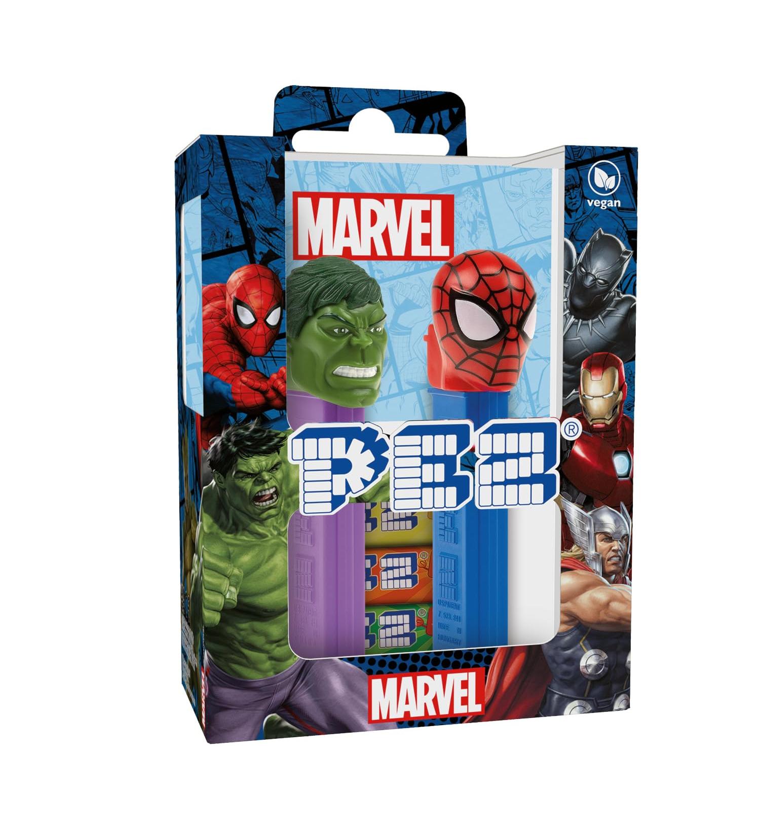 PEZ Twin pack Licence Marvel Combinaison unique de bonbons aux go ts fruits et d un distributeur Contient 2 distributeurs PEZ + 4 recharges de bonbons personnages - mod les al atoires