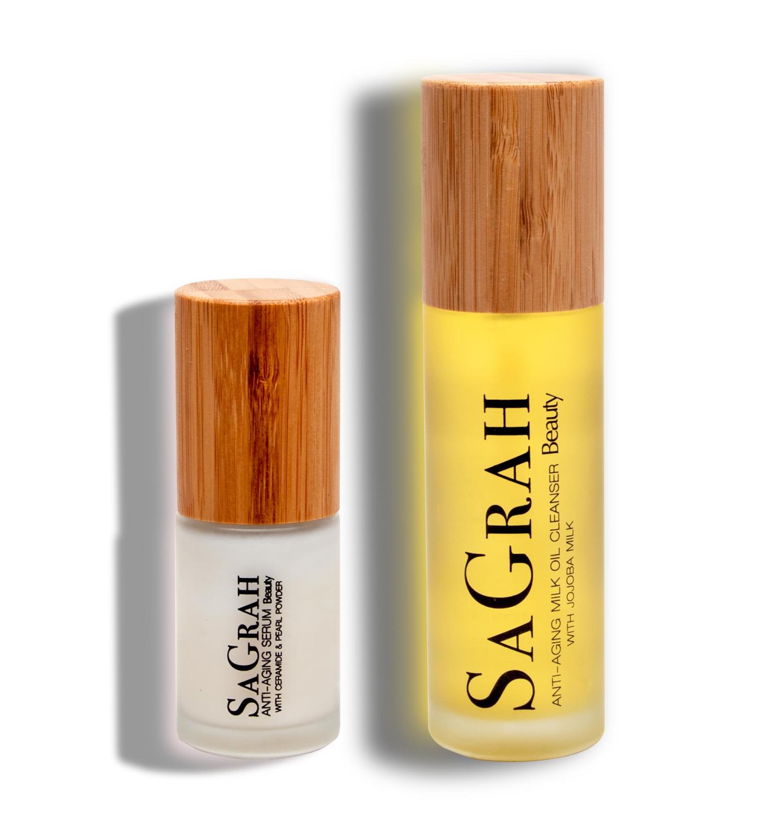 SaGrah Beauty Anti-Aging Oil Cleanser with Jojoba Milk (3.4 oz) and Hydrating Face Moisturizer Ceramide Serum (1 oz) Duo for All Skin Types - 100% Vegan and Cruelty Free Skin Glow 2 Pcs Set - Buy Online on GoSupps.com