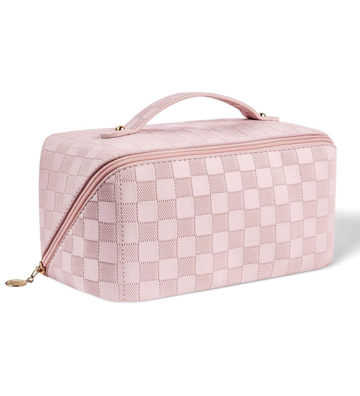 Aucuu Large Capacity Travel Cosmetic Bag for Women Girls PU Leather Waterproof Layered Storage Makeup Bag with Handle Portable Travel Organizer (Checkered Pink) #15 Pink-15 - Buy Online on GoSupps.com
