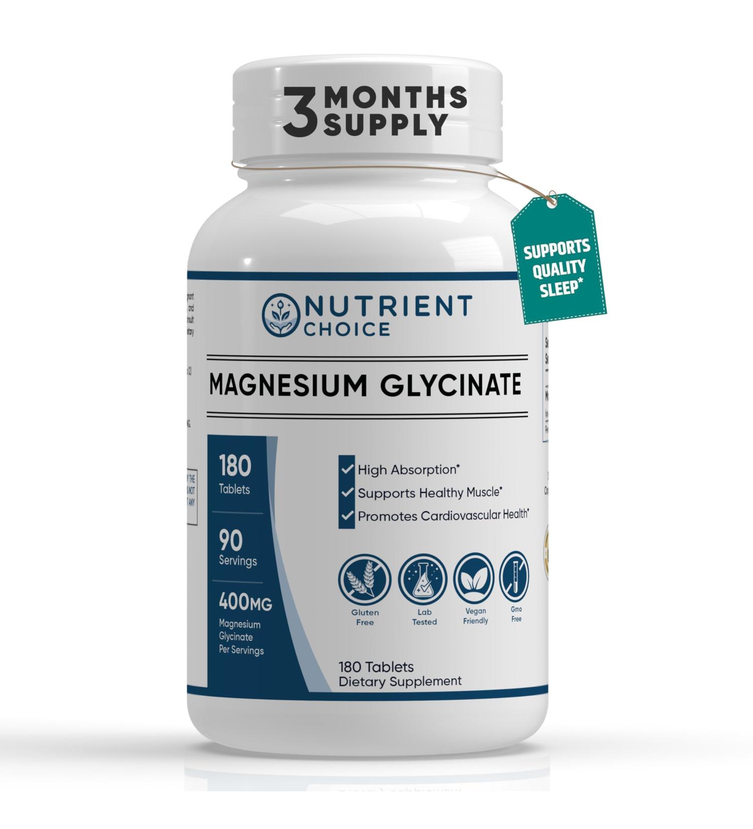 400 mg Pure Magnesium Glycinate 180 Tablets Non Buffered High Absorption Non-GMO Promotes Cardiovascular Health for Stress Relief, Sleep, Heart Health, Ease Muscles, Calm Headaches, Nerves 1 Count (Pack of 1) - Buy Online on GoSupps.com