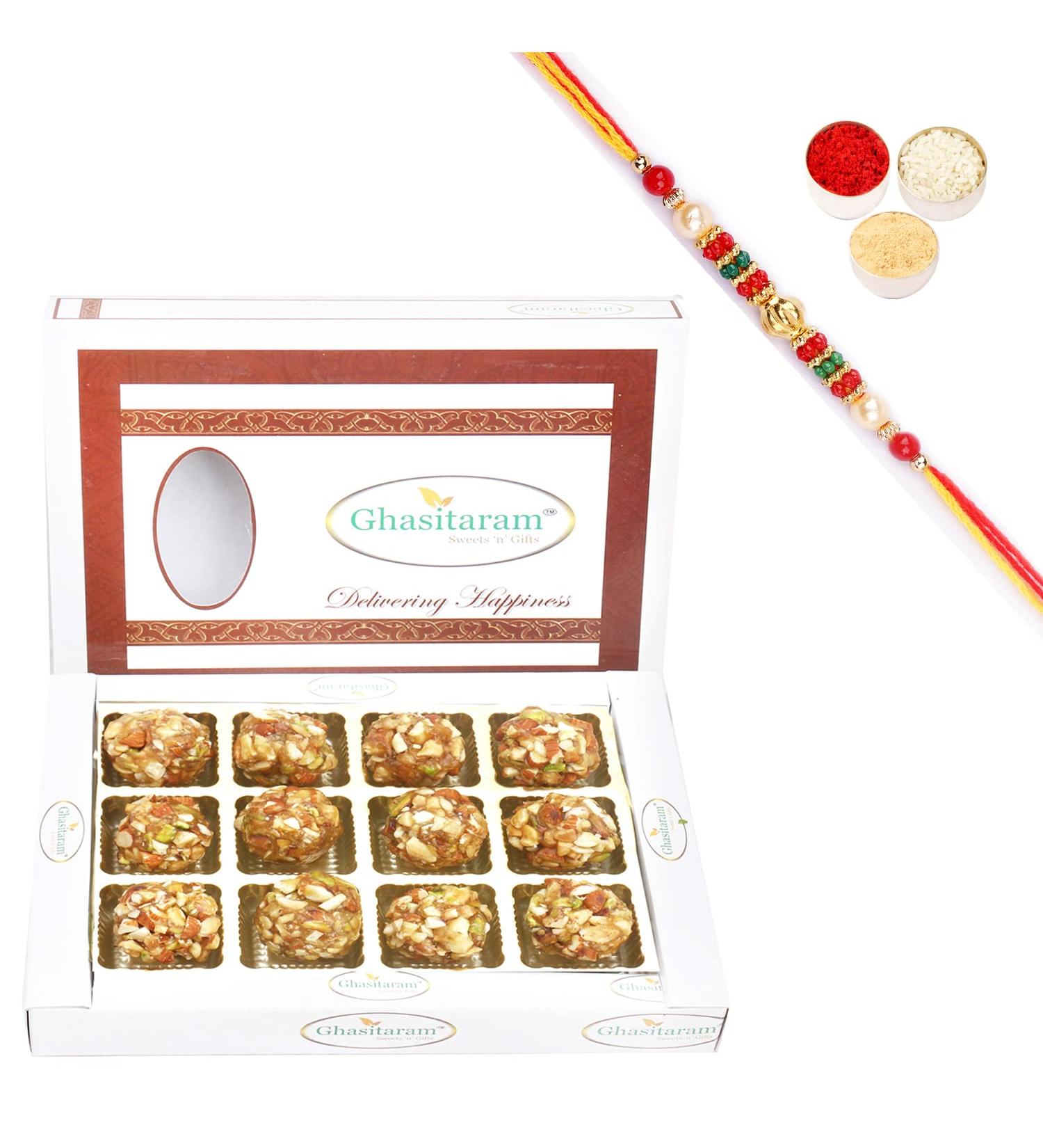 Ghasitaram Gifts Rakhi Gifts for Brothers Rakhi Sweets - Rakhi Sweets-Ghasitaram's Roasted Dryfruit Laddoo in White Box with Beads Rakhi - Buy Online on GoSupps.com
