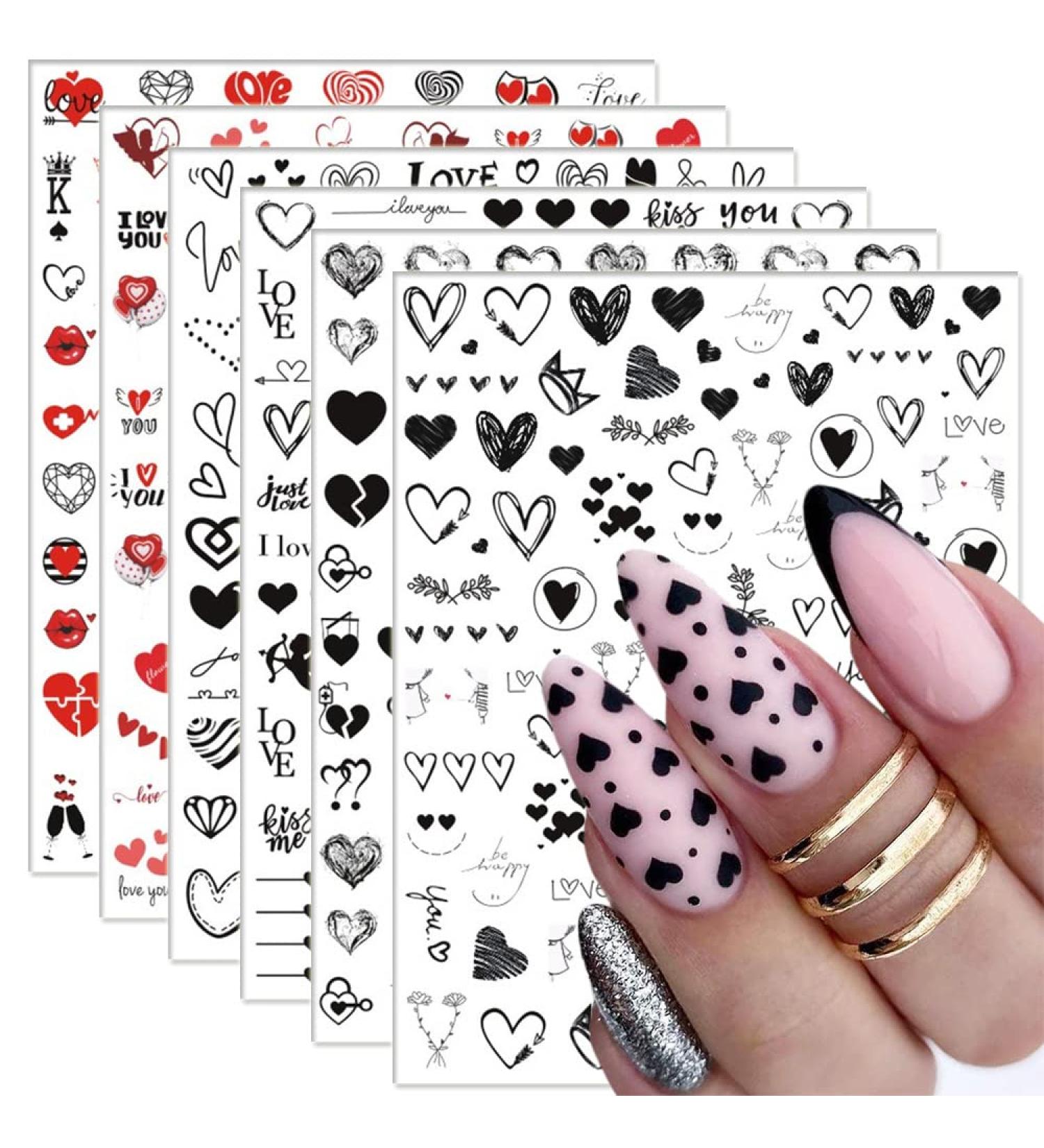 Heart Nail Stickers - 6 Sheets 3D Self Adhesive Decals for Women - Black Red Love Angel Cupid Designs - DIY Valentines Manicure Decor - Buy Online on GoSupps.com