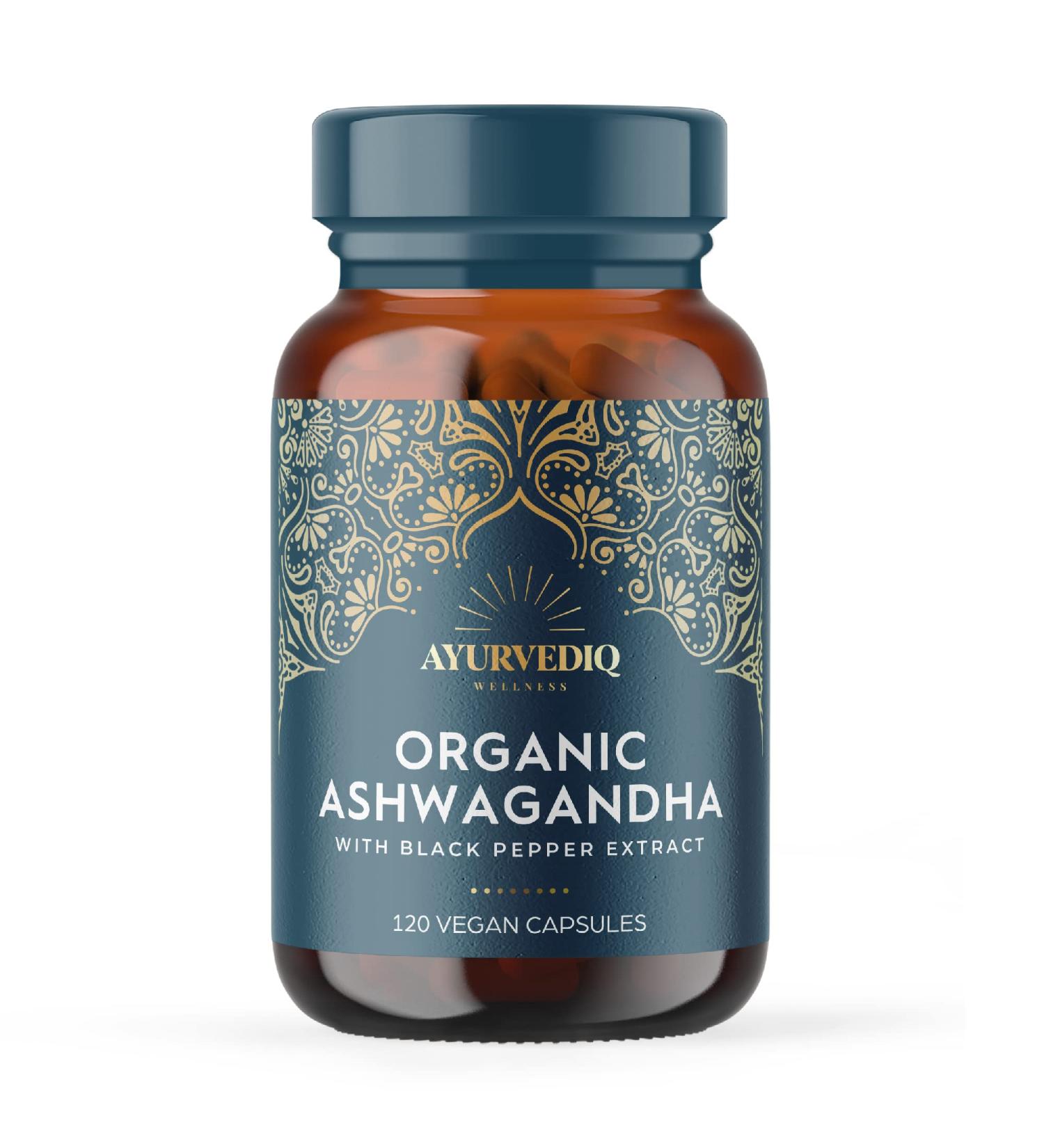 Ayurvediq Wellness Ashwagandha Organic Capsules 120ct with Black Pepper Extract | Herbal Supplement for Vitamins, Iron, Protein | Gluten-Free, Dairy-Free, Vegan | Ayurveda Products - Buy Online on GoSupps.com