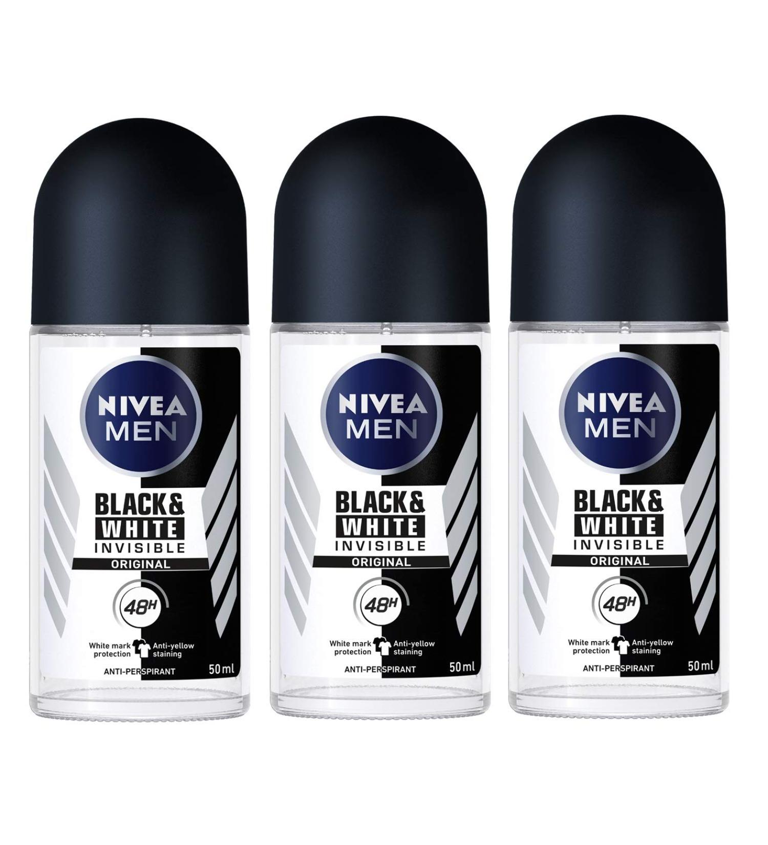 Nivea for Men Invisible for Black & White 48 Hours Deodorant Roll on 50 Ml. 3 Pack l