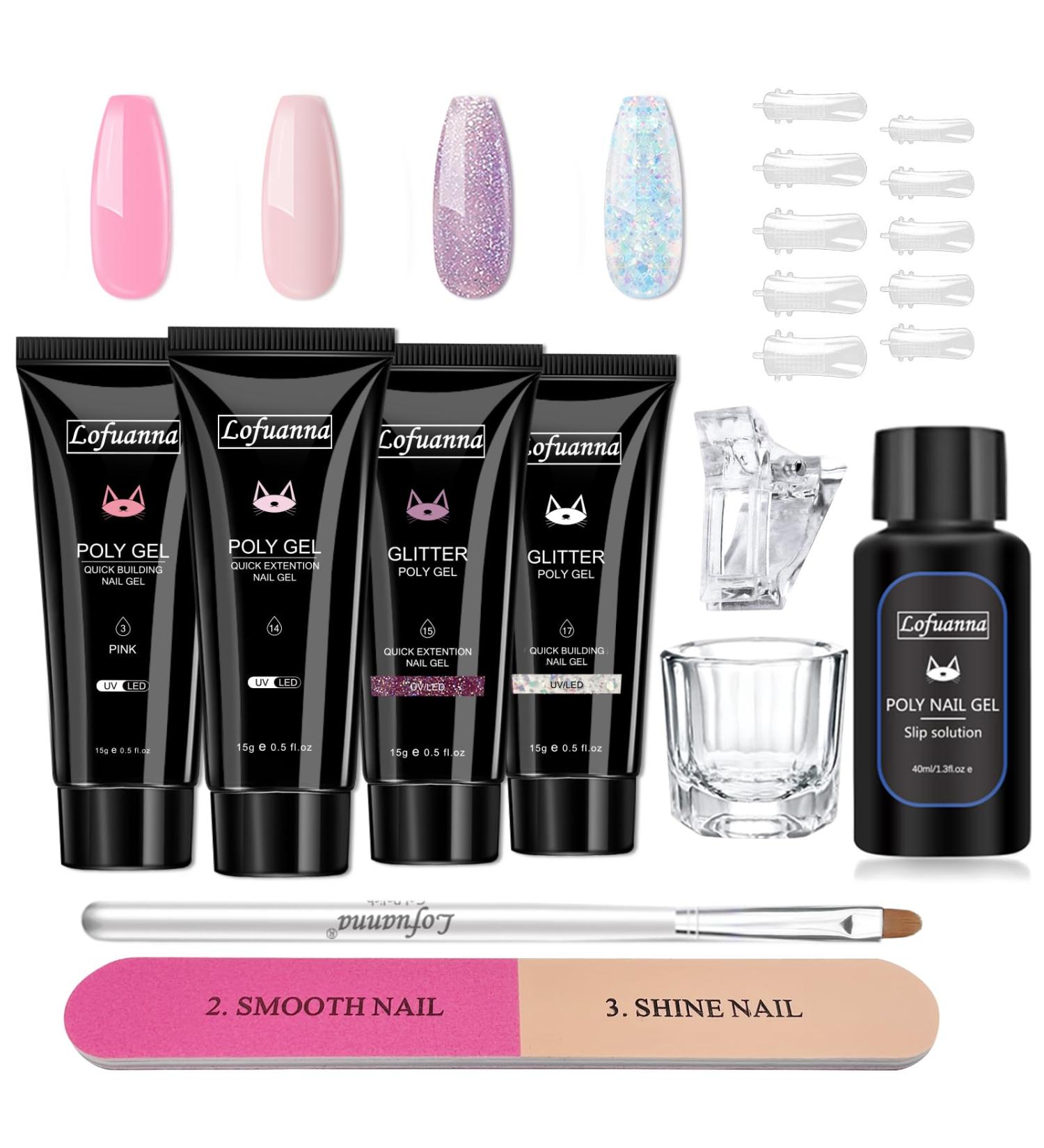 Lofuanna Poly Nail Gel Kit - Nude, Pink, Purple Glitter & Clear Glitter Poly Extension Gel - All In One Starter Kit - Buy Online on GoSupps.com