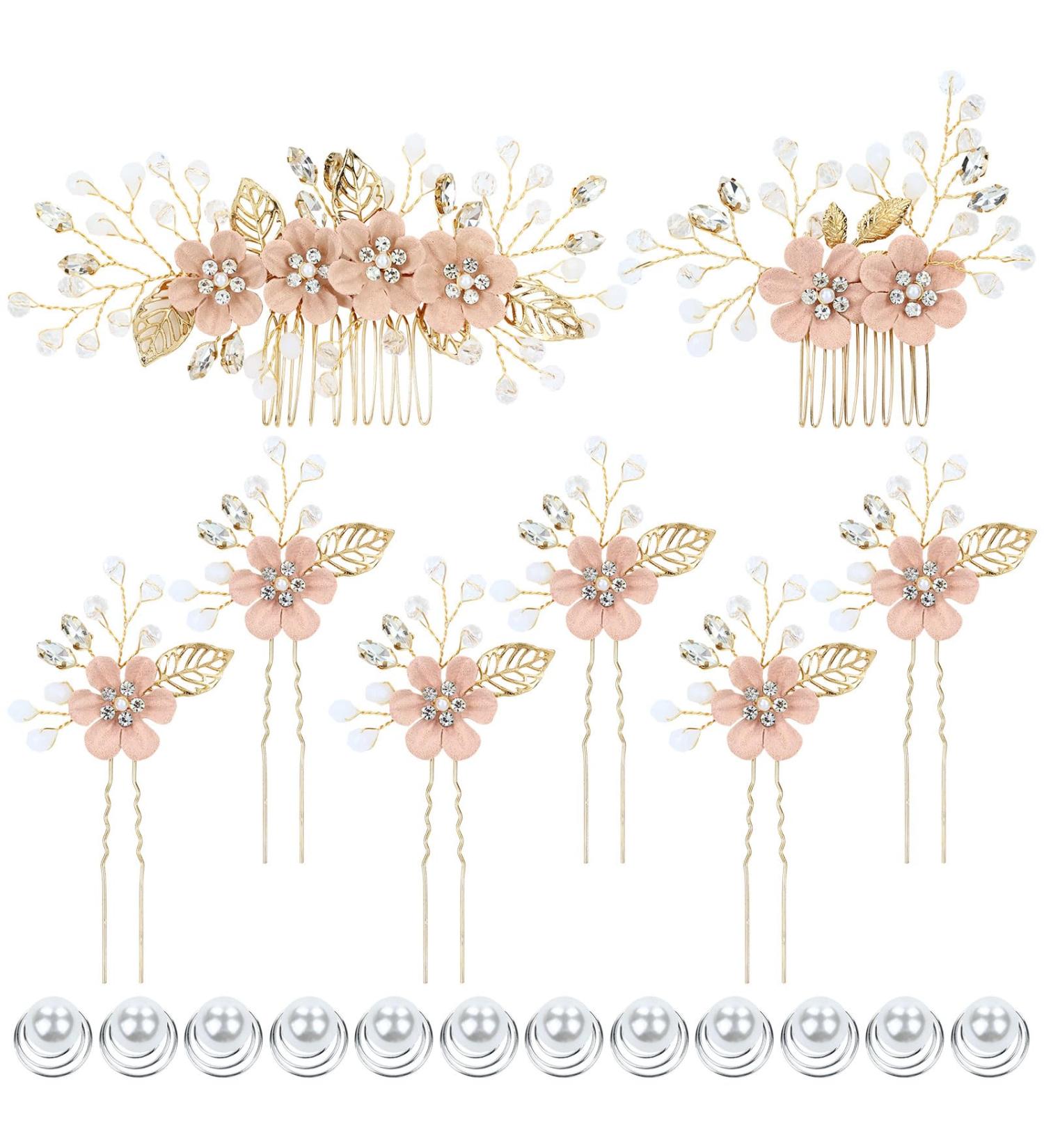 Dizila 20 Pieces Bridal Wedding Party Prom Rhinestone Pearl Pink Flower Hair Side Combs Slides+U-shaped Flower Hair Pins+ Twist Spiral Pearl Hair Pins Headpieces for Brides Bridesmaids Women Girls - Buy Online on GoSupps.com