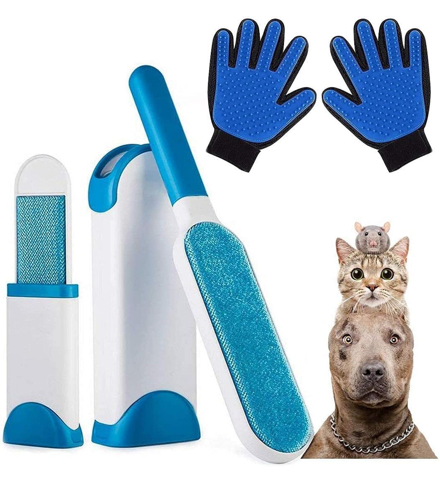 Improved Lint Brush Set with Cleaning Station & Pet Gloves - Effective Animal Hair Remover for Sofa Upholstery & Textiles - 2 Pieces Blue - Buy Online on GoSupps.com