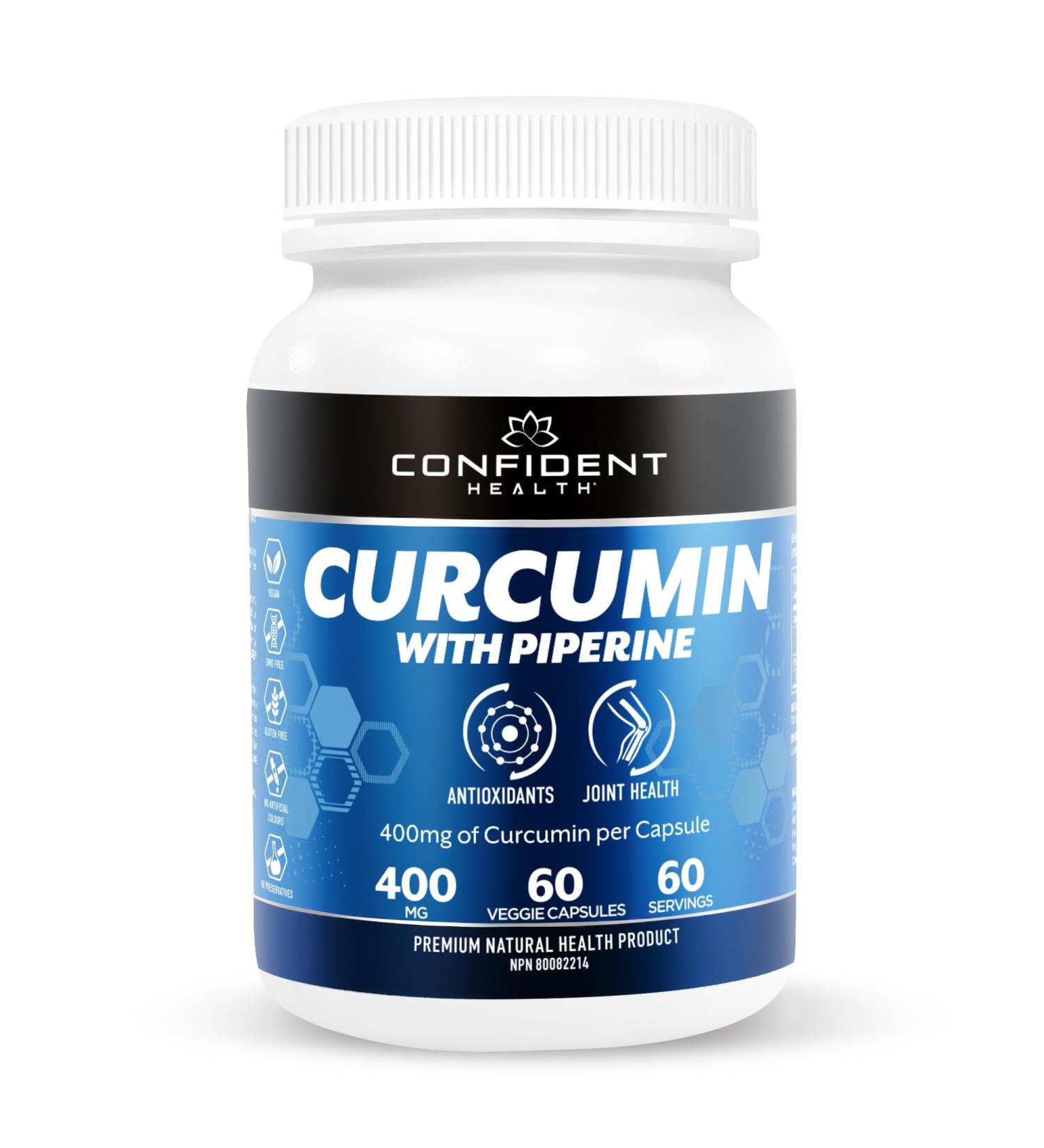 CURCUMIN with PIPERINE for Increased Absorption 1200mg Vegan GMO Free Gluten Free 60 Veggie Capsules 60 Servings by CONFIDENT HEALTH - Buy Online on GoSupps.com