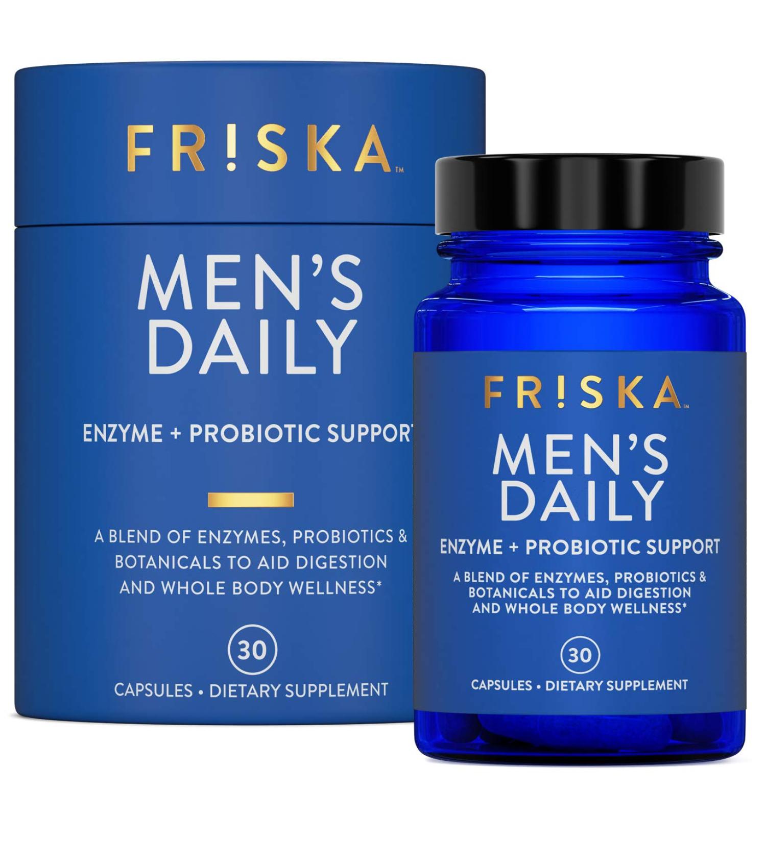FRISKA Men s Daily Digestive Enzyme and Probiotics Supplement Natural Support for Male Digestive Health Bloating Gas Indigestion Relief Supports Gut Health Lactase and B-Vitamins 30 Capsules Mens Daily 30 Count (Pack of 1) - Buy Online on GoSupps.com