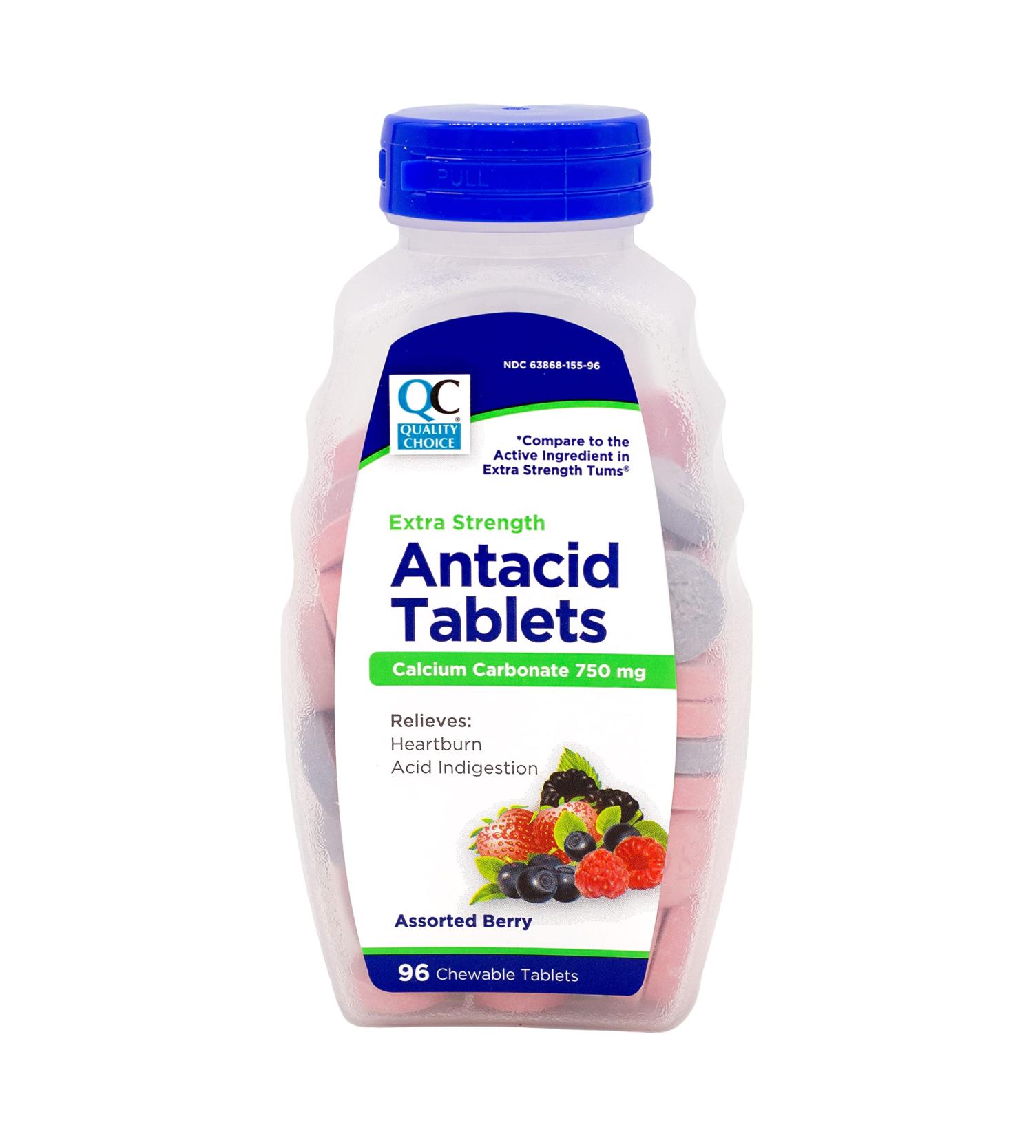 Quality Choice Extra Strength Antacid Tablets Calcium Carbonate 750 mg Assorted Berries 96 Count (Pack of 3)