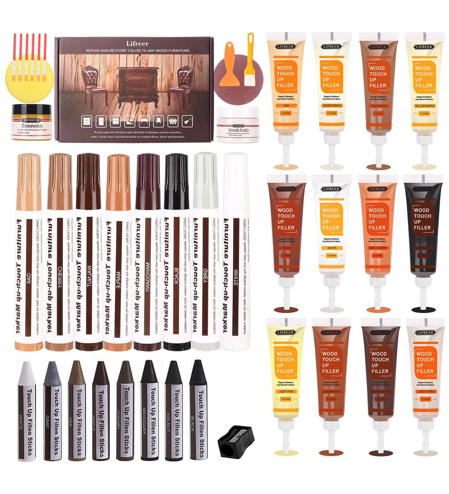 Lifreer Wood Furniture Repair Kit - Set of 42 - Touch Up Markers, Fillers, Crayon & Putty - Repair Scratches, Cracks, Holes on Doors, Floors, Tables & Cabinets - Buy Online on GoSupps.com