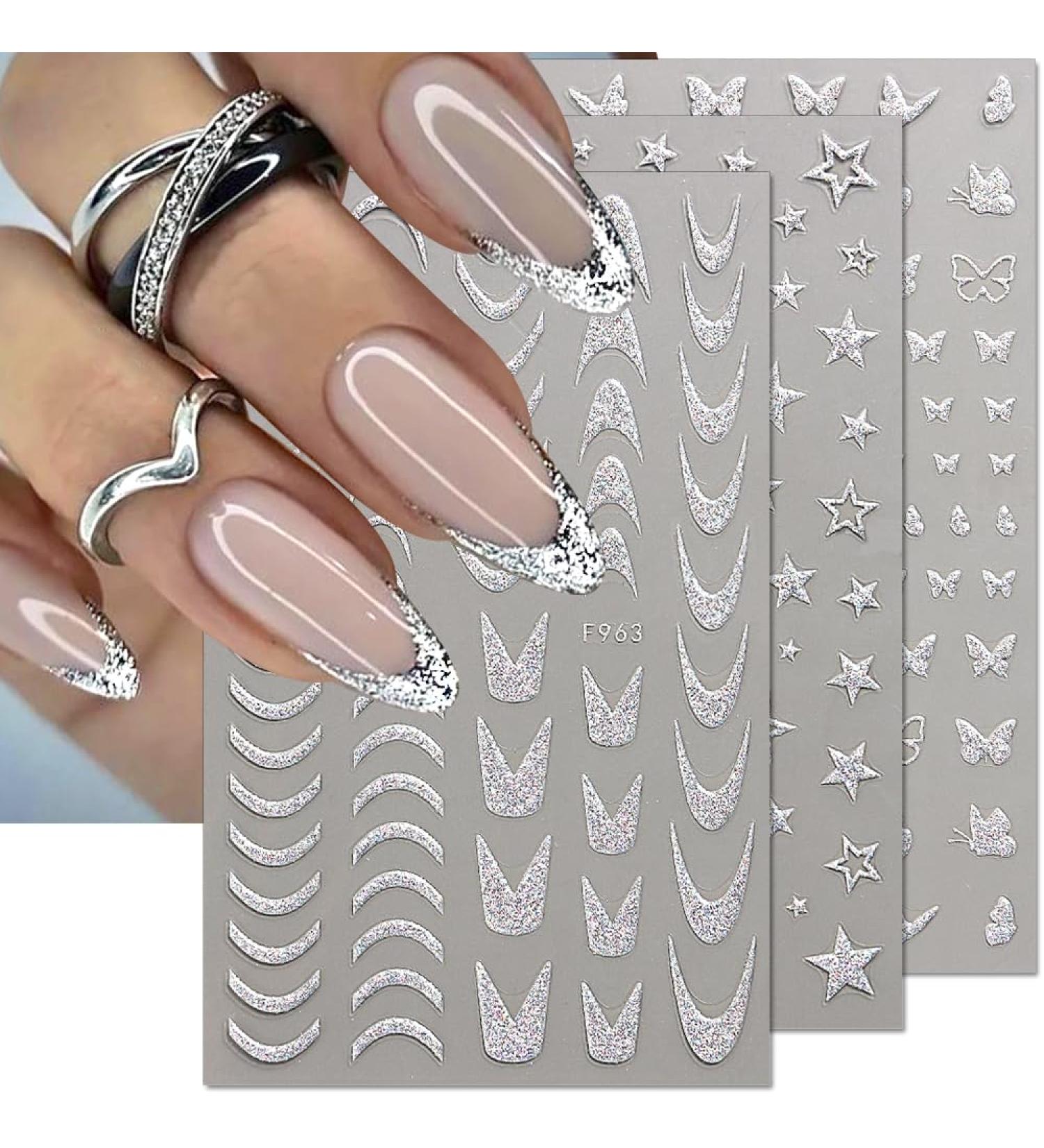 3D Glitter Silver French Nail Stickers - Self-Adhesive Butterfly Star & Heart Designs for Stunning Nail Art - Buy Online on GoSupps.com