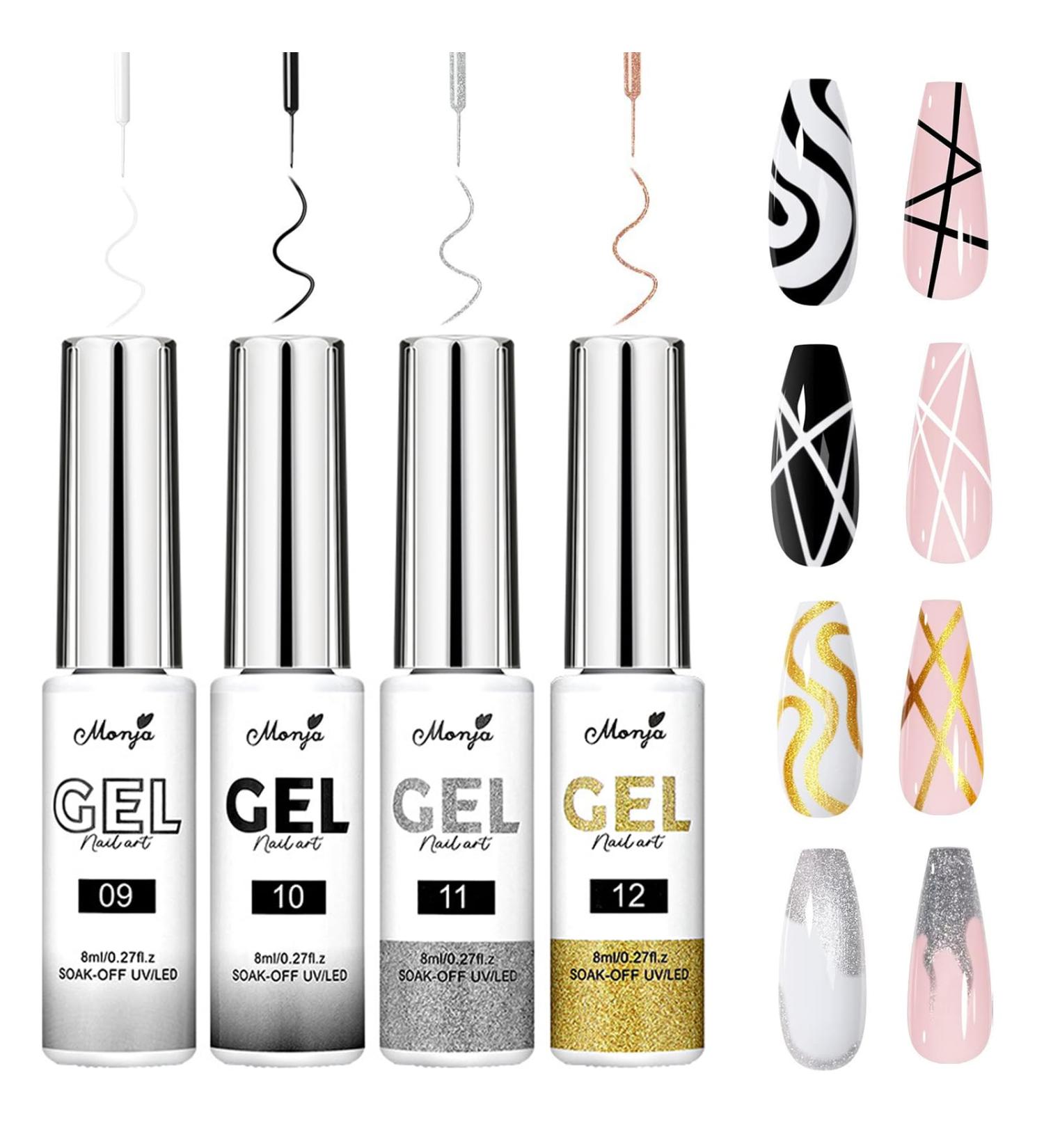 NLFOX Gel Liner Nail Art - 4 Colors Black White Glitter Gold Silver Gel Liner Nail Polish Paint for Nail - 4 * 8ml French Manicure Gel Polish - Uv Liner Nail Gel for Nail Design - Buy Online on GoSupps.com