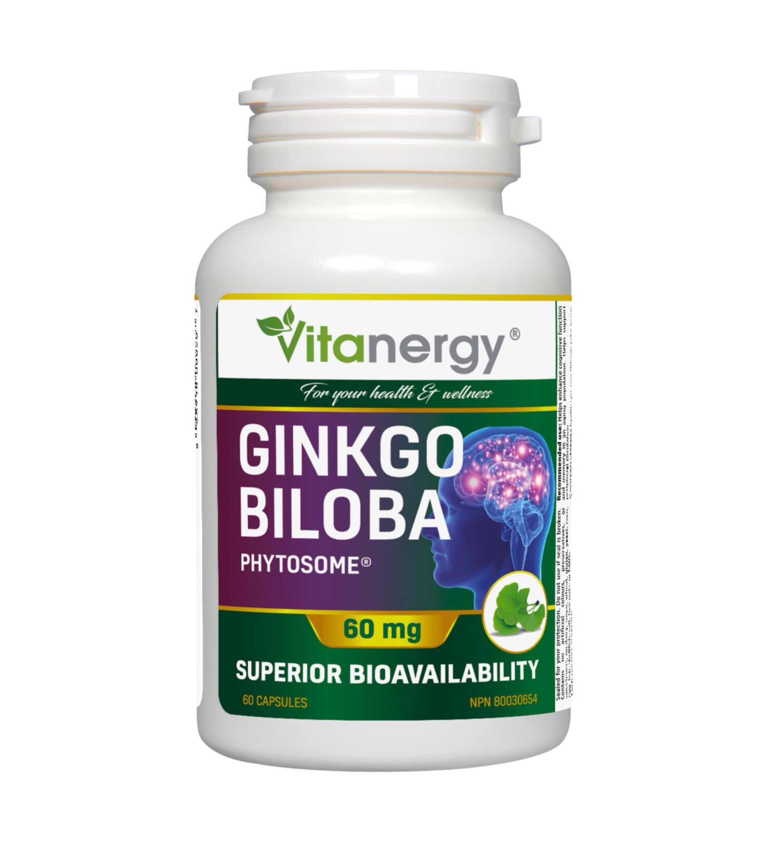 Vitanergy Ginkgo Biloba Enhanced Bioavailability for Cognitive Function & Peripheral Circulation Support 60mg 60 Capsules - Canadian Made - Buy Online on GoSupps.com