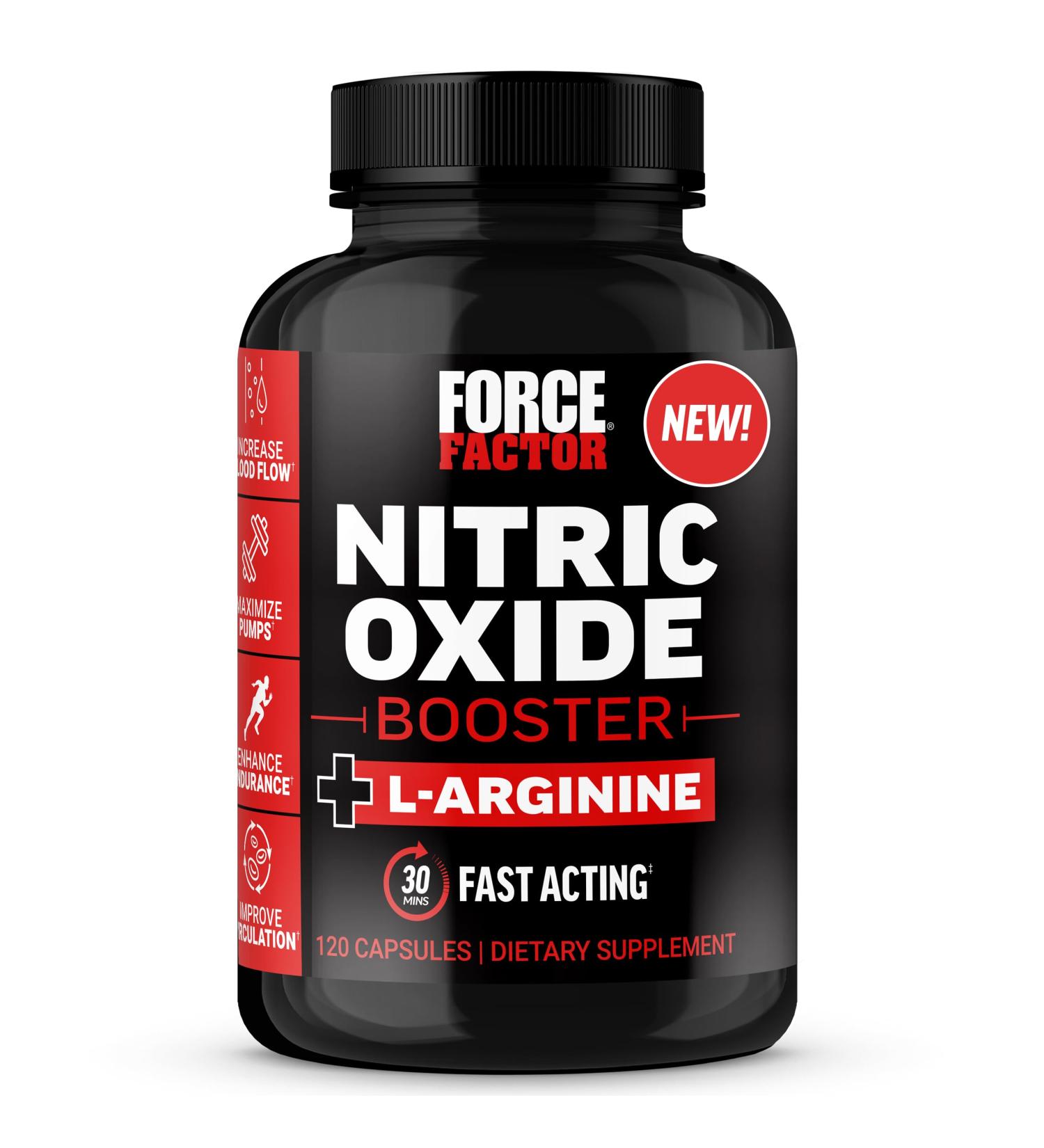 FORCE FACTOR Nitric Oxide Booster, Fast-Acting Formula with L-Arginine, Boosts Nitric Oxide Levels, Maximize Muscle Pumps, Enhance Endurance, Improve Circulation, 120 Capsules 120 Count (Pack of 1) - Buy Online on GoSupps.com